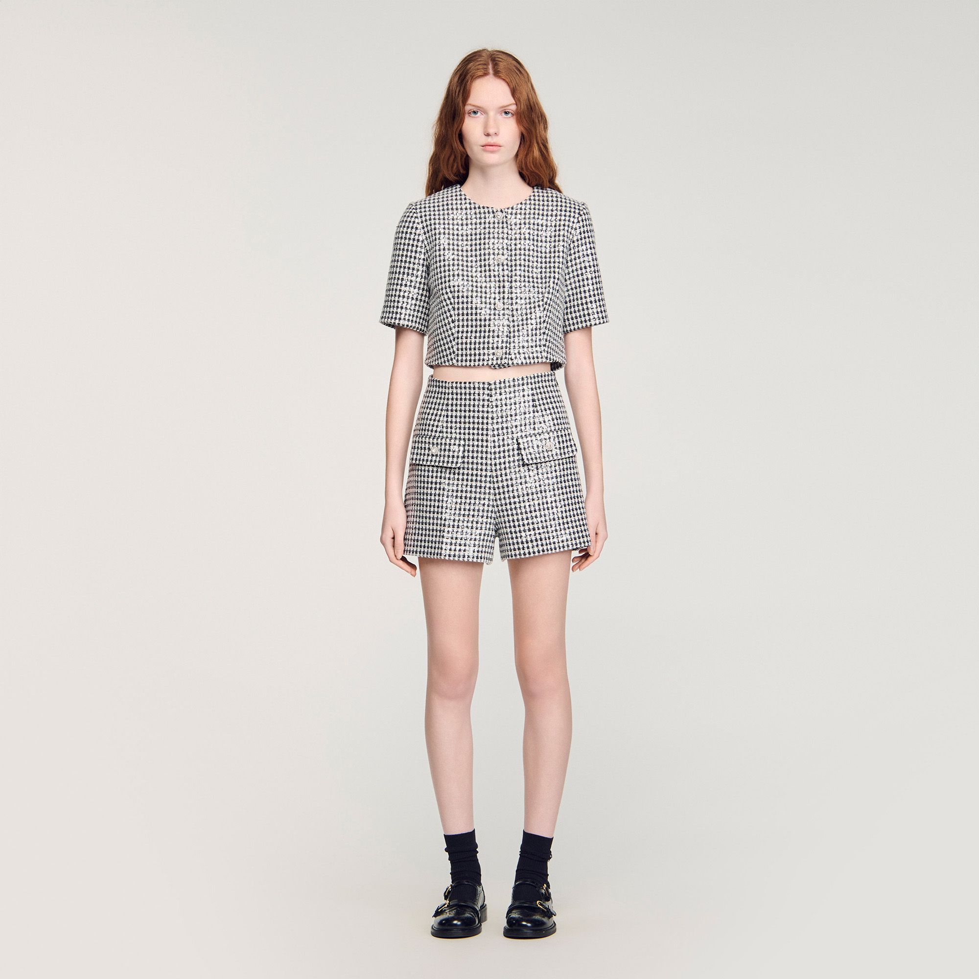 Sandro - Quần short tweed họa tiết Houndstooth đính kim sa