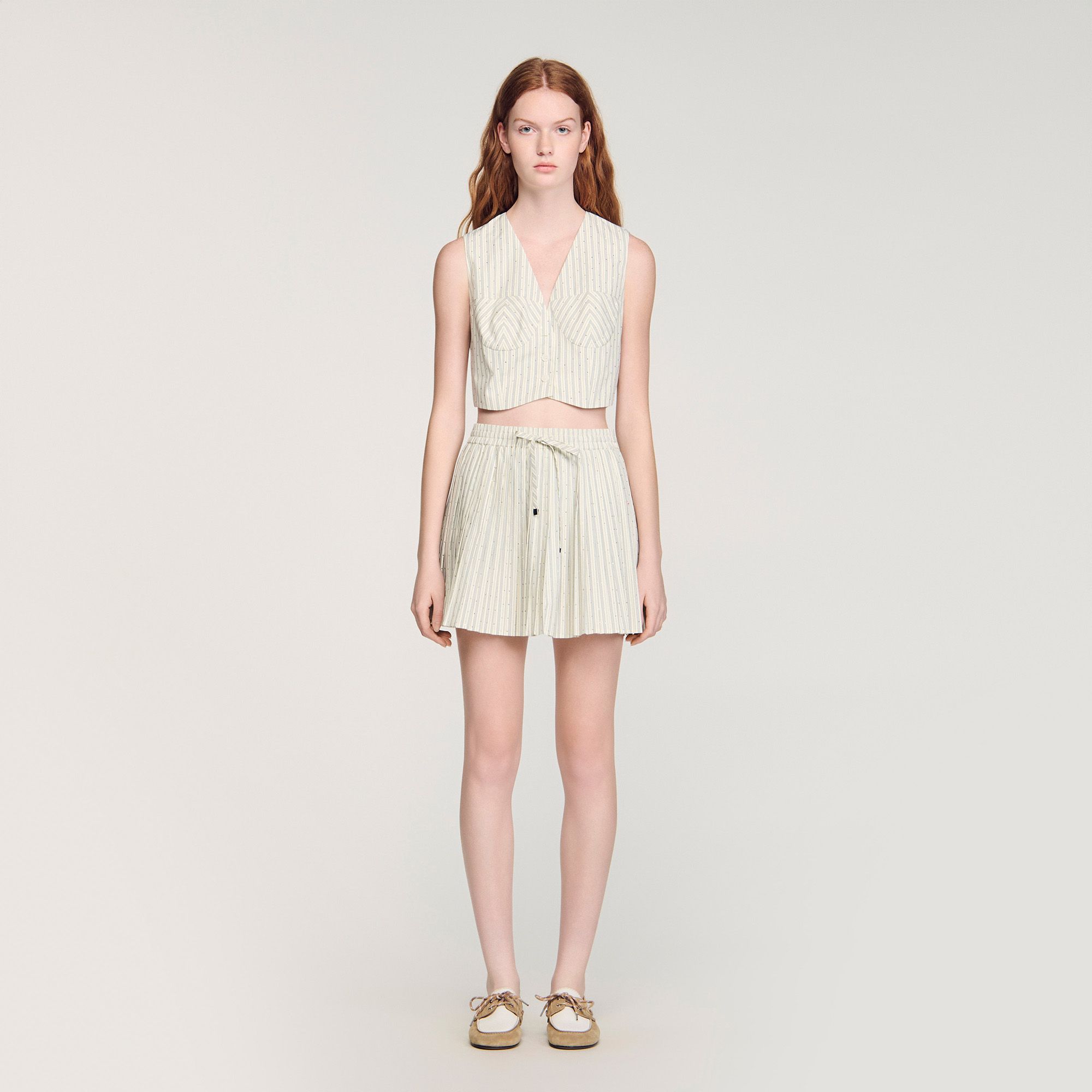 Sandro - Áo crop top đính đá sọc