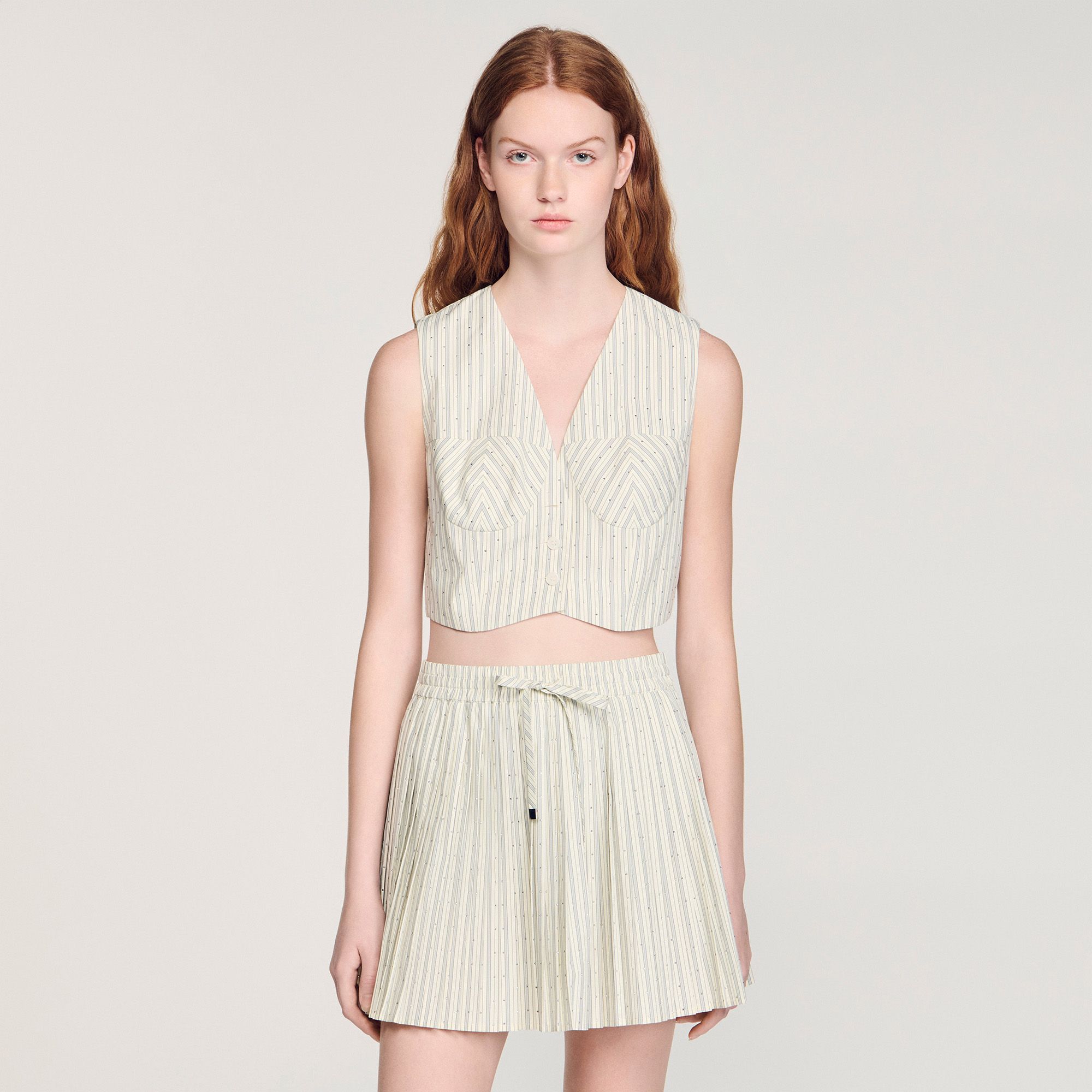 Sandro - Áo crop top đính đá sọc