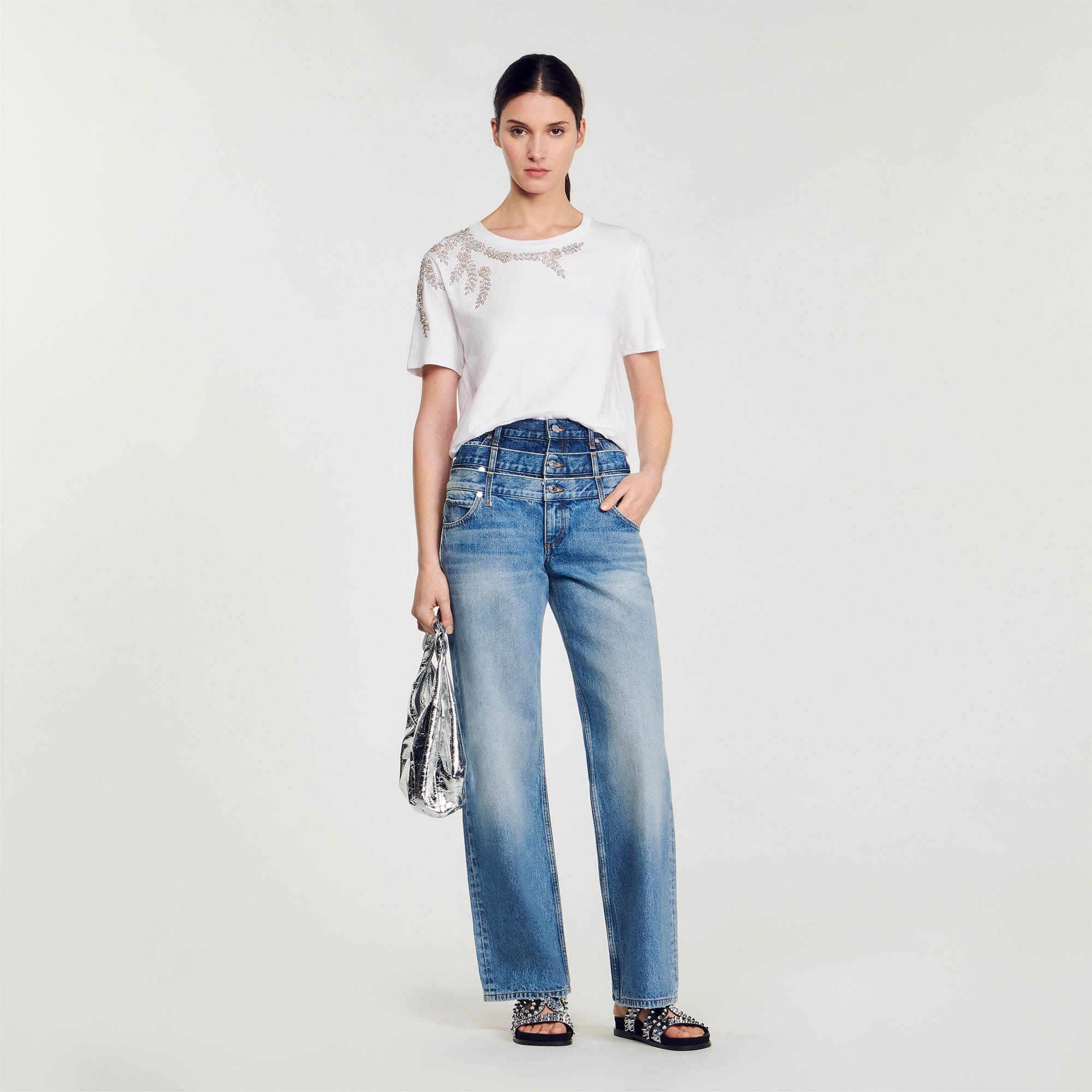 Sandro - Áo T-shirt phối thêu đính hạt