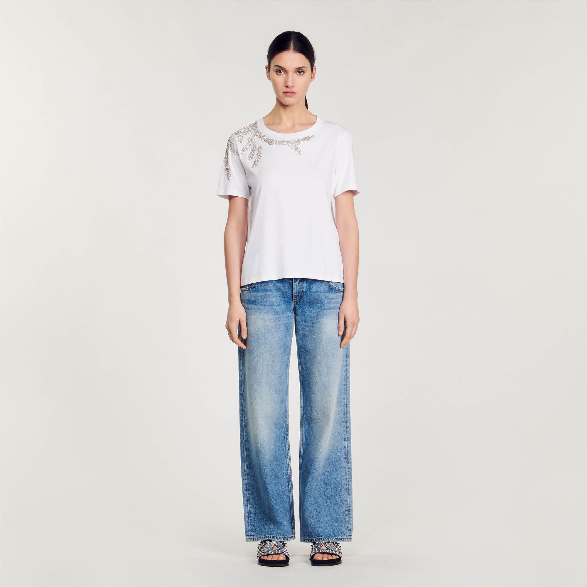Sandro - Áo T-shirt phối thêu đính hạt