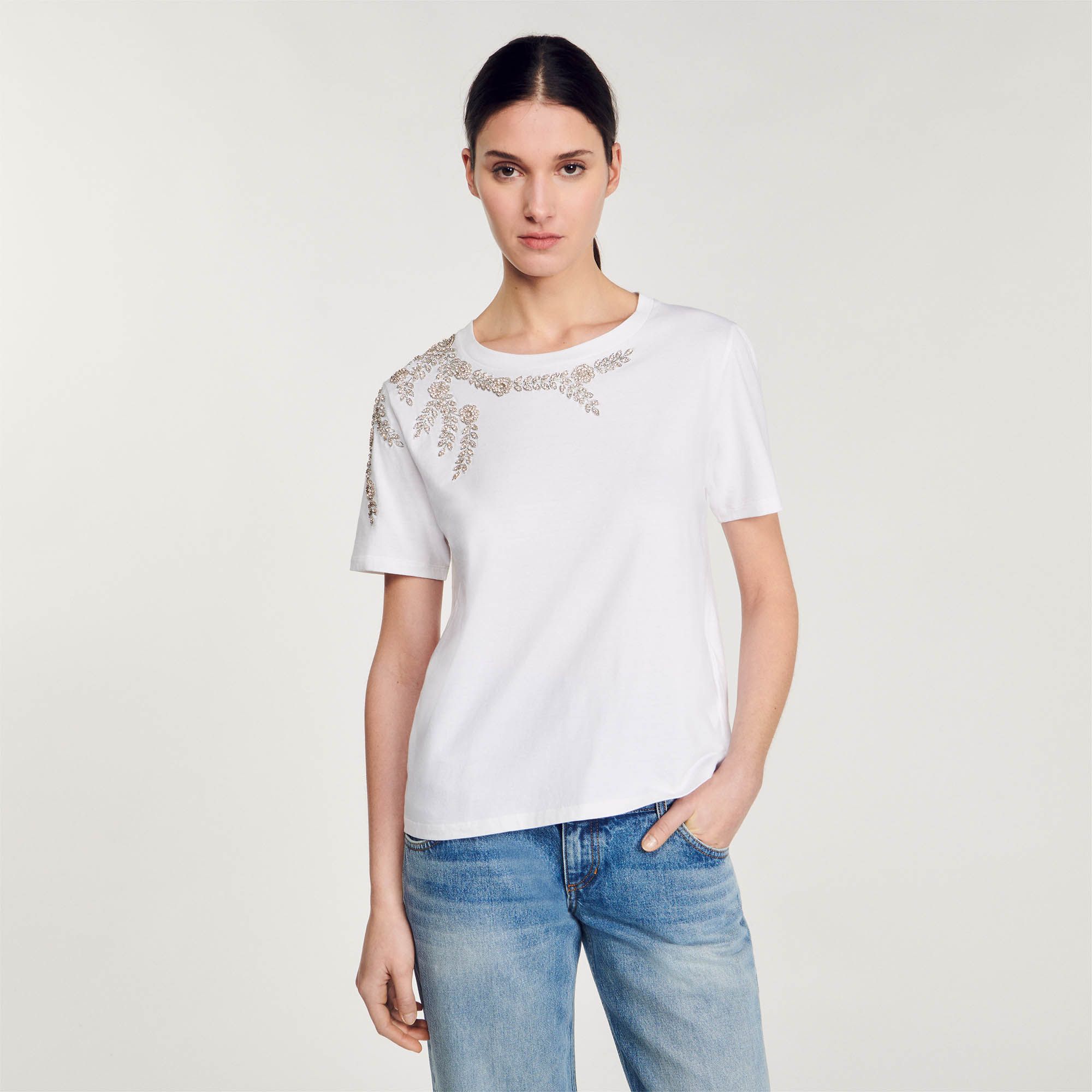 Sandro - Áo T-shirt phối thêu đính hạt