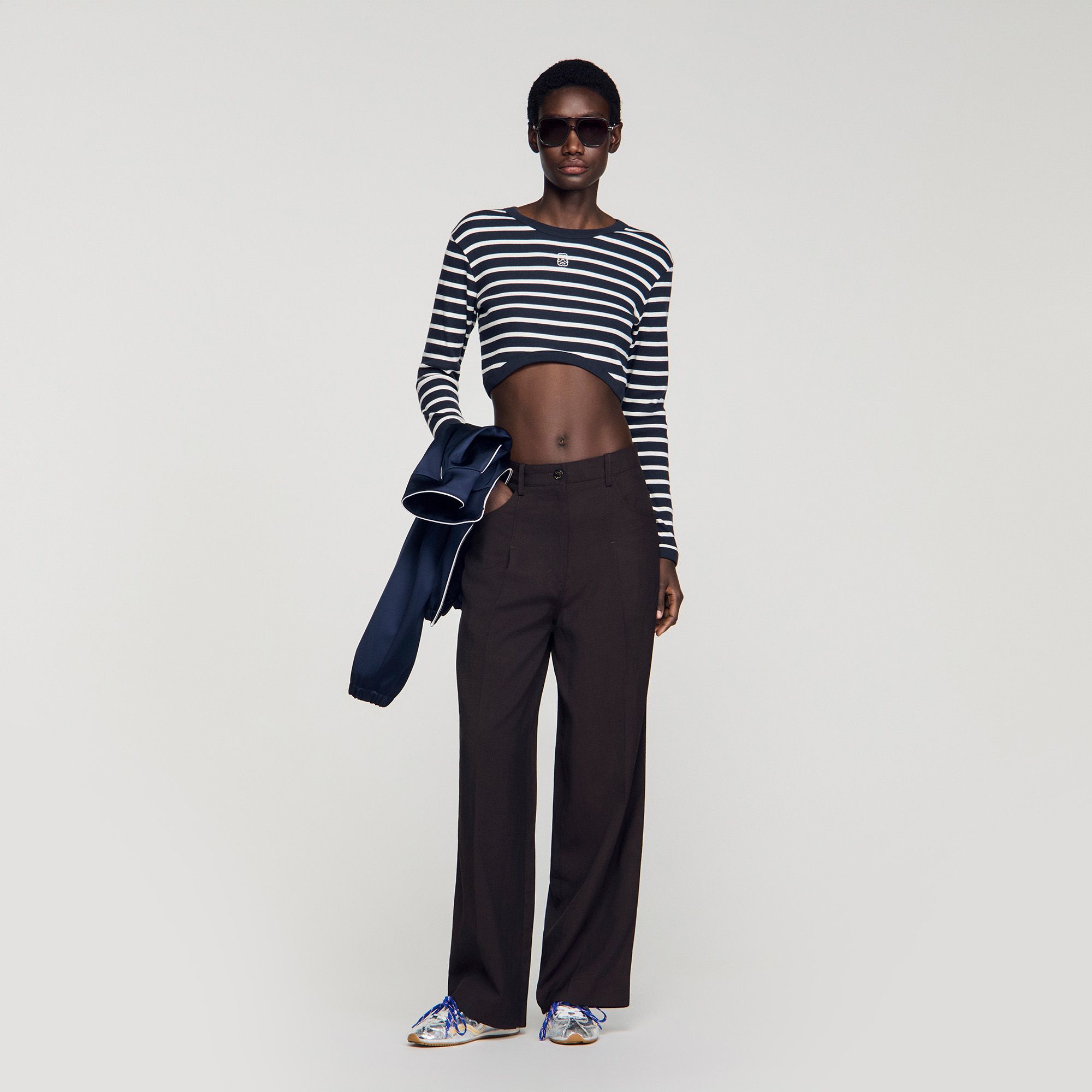 Sandro - Áo thun cotton kẻ sọc dáng crop