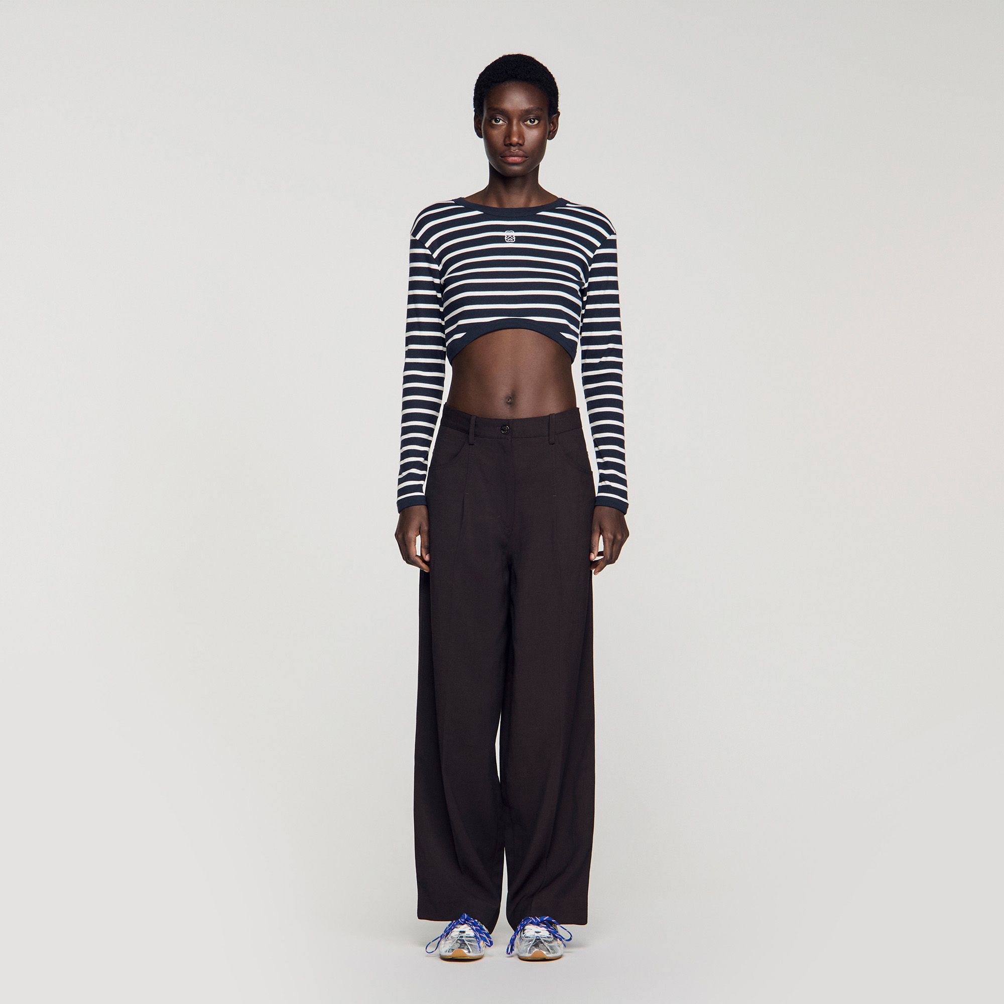 Sandro - Áo thun cotton kẻ sọc dáng crop