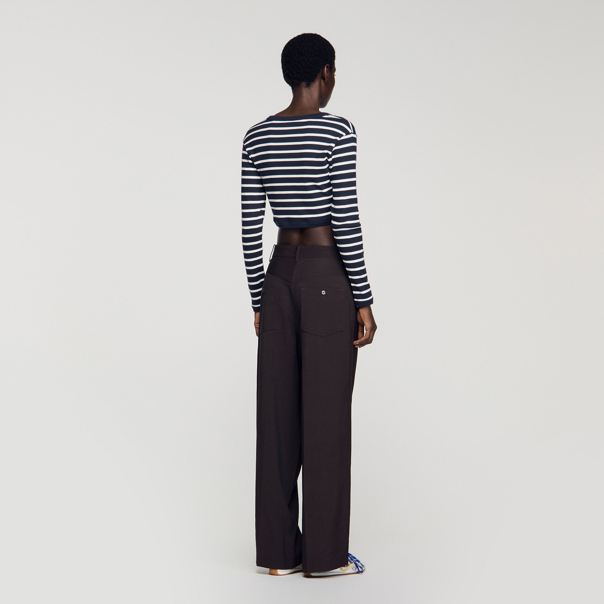 Sandro - Áo thun cotton kẻ sọc dáng crop