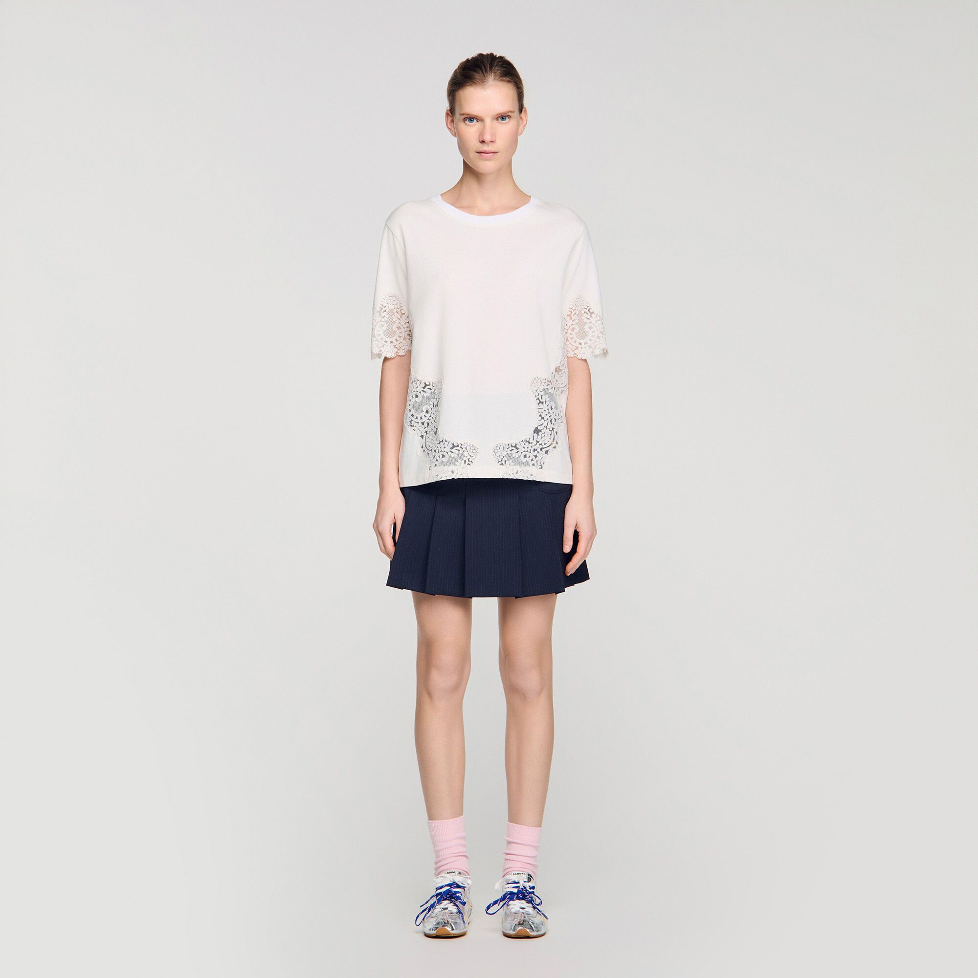 Sandro - Áo thun cotton chi tiết ren dáng loose fit