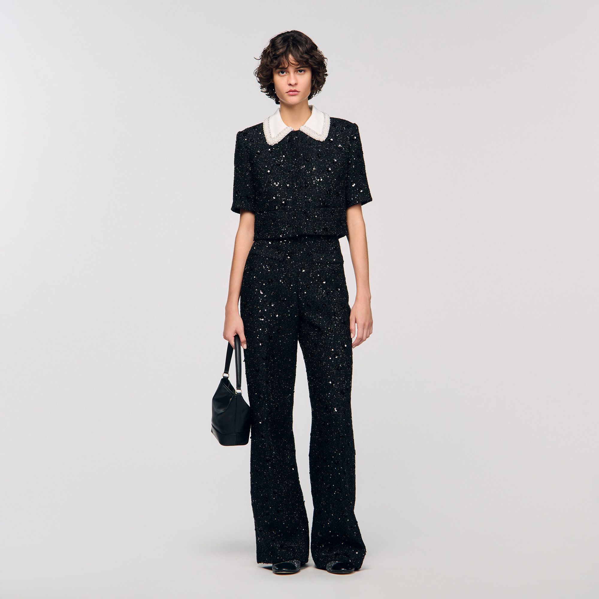 Sandro - Áo khoác tweed dáng lửng đính đá