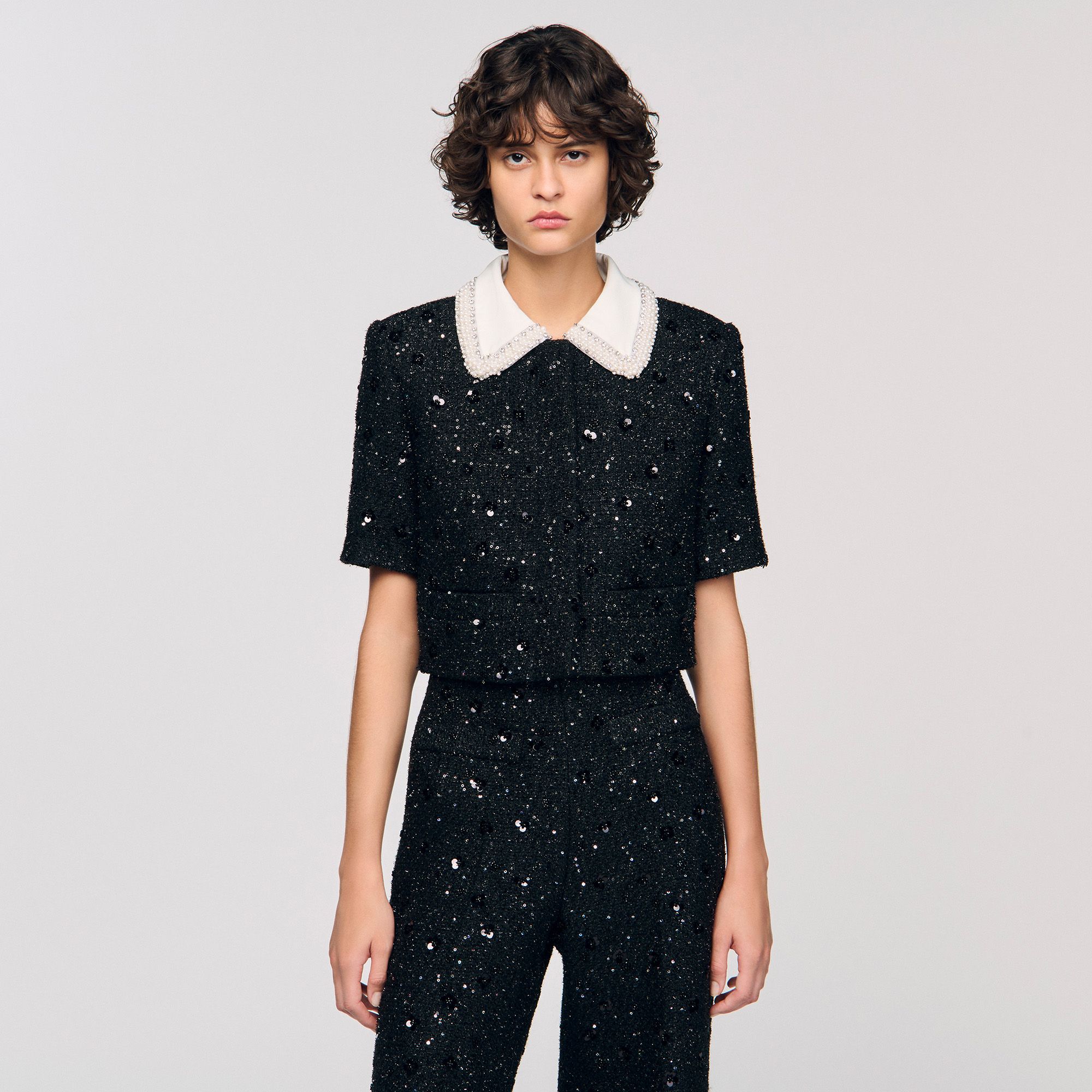 Sandro - Áo khoác tweed dáng lửng đính đá