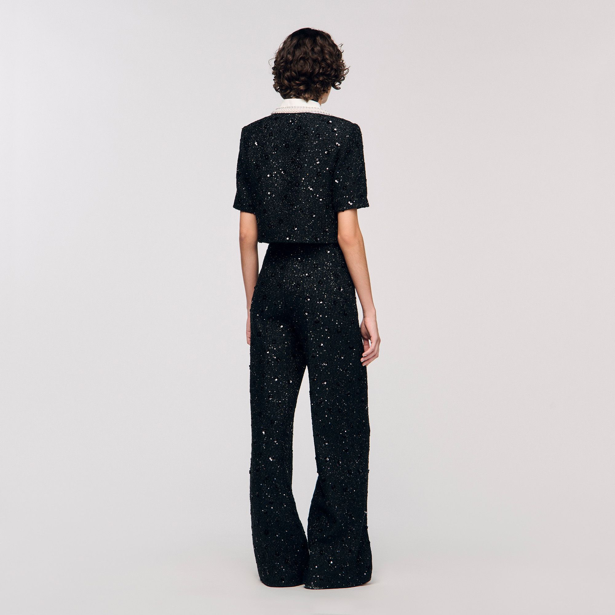 Sandro - Áo khoác tweed dáng lửng đính đá