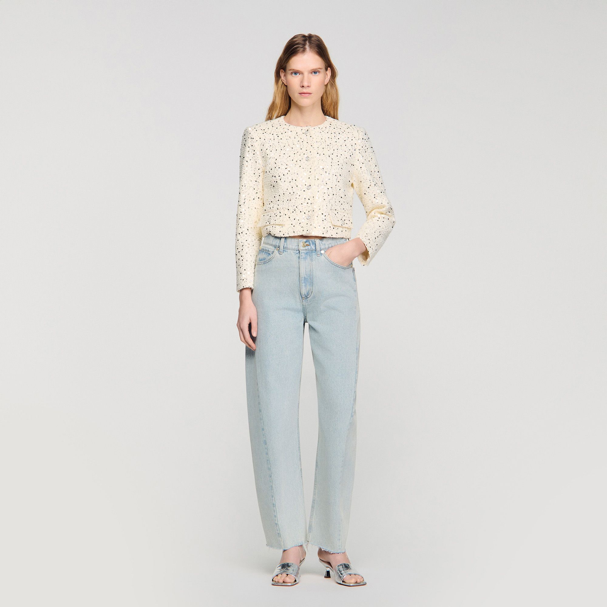 Sandro - Áo khoác cotton dáng crop đính sequin