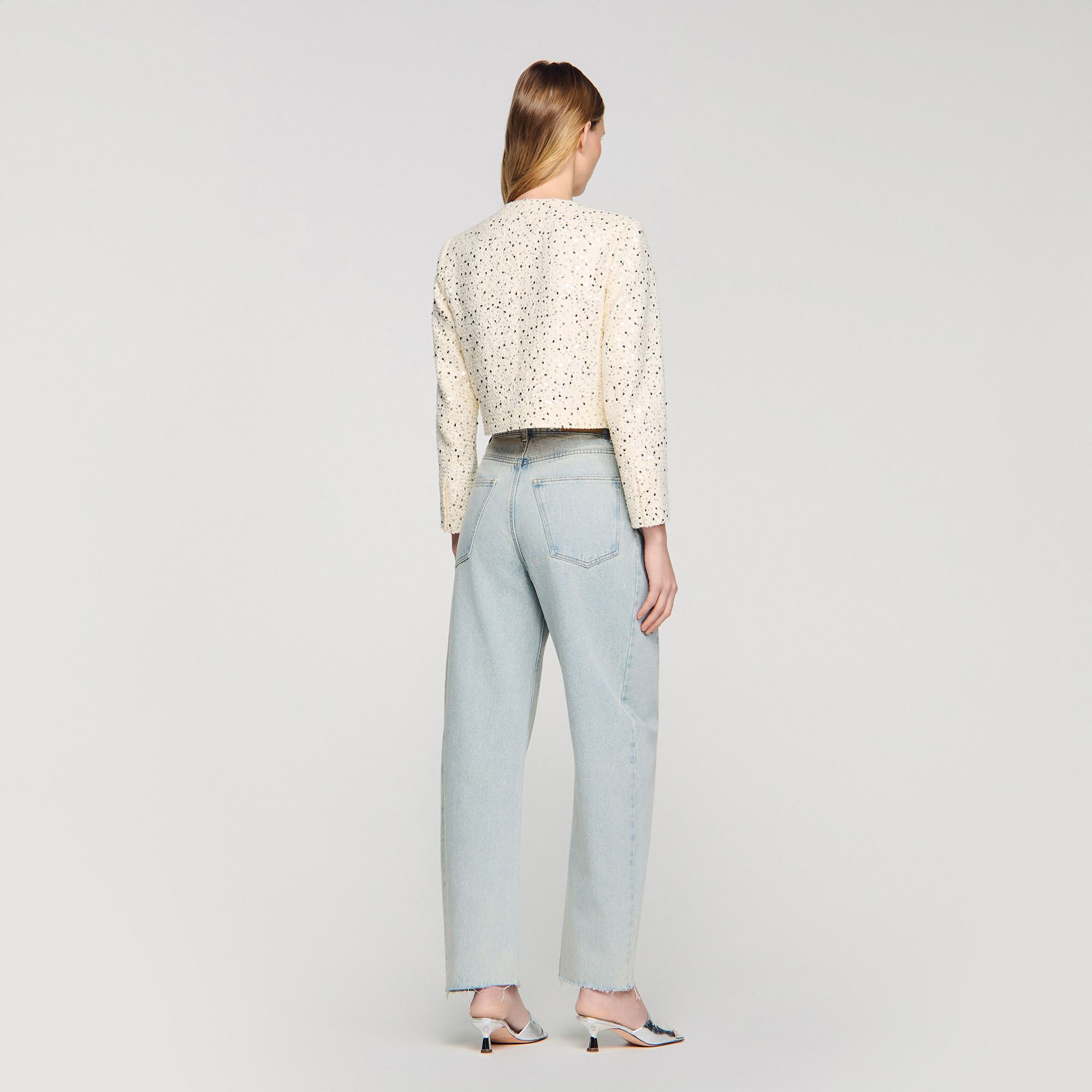 Sandro - Áo khoác cotton dáng crop đính sequin