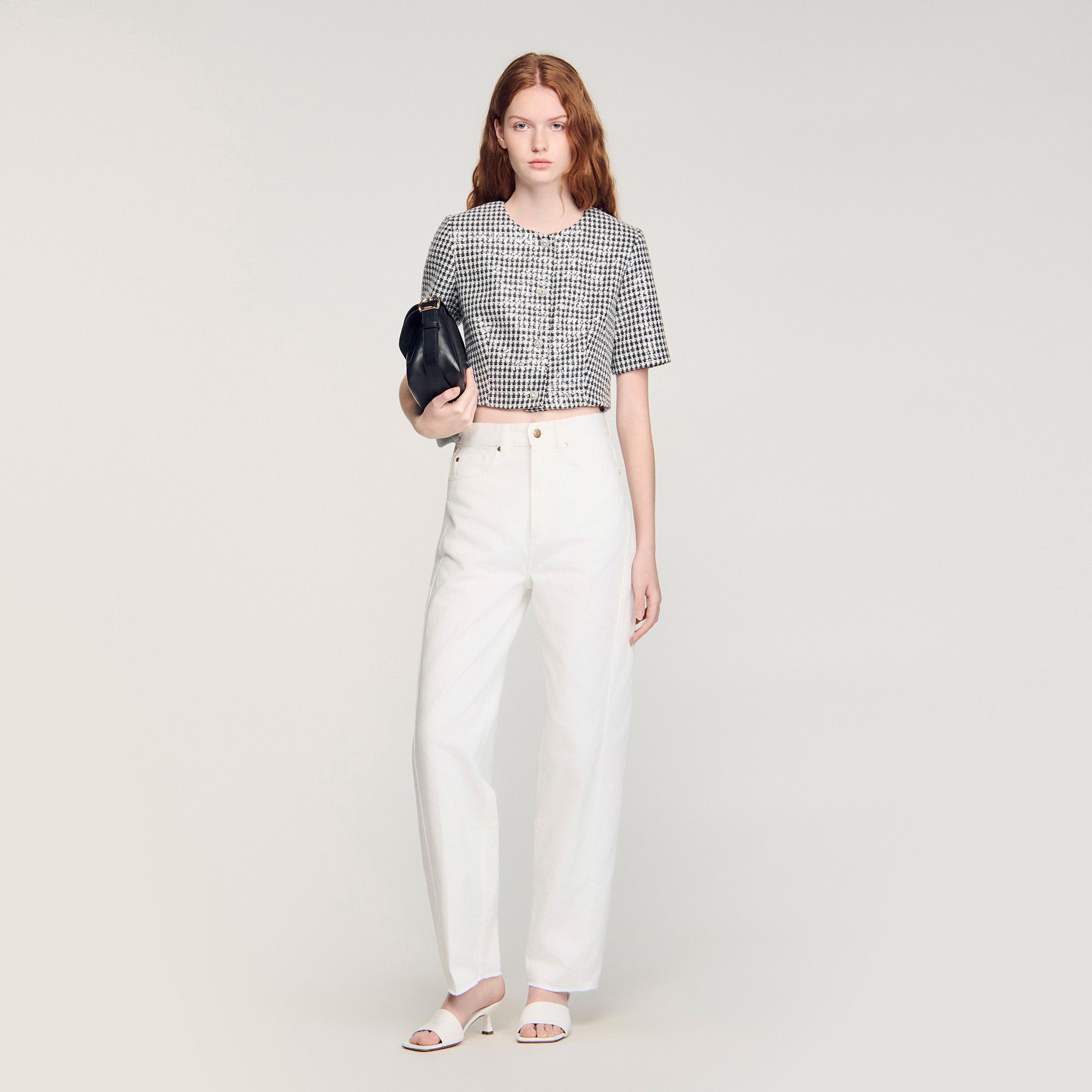 Sandro - Áo khoác tweed họa tiết Houndstooth cắt ngắn