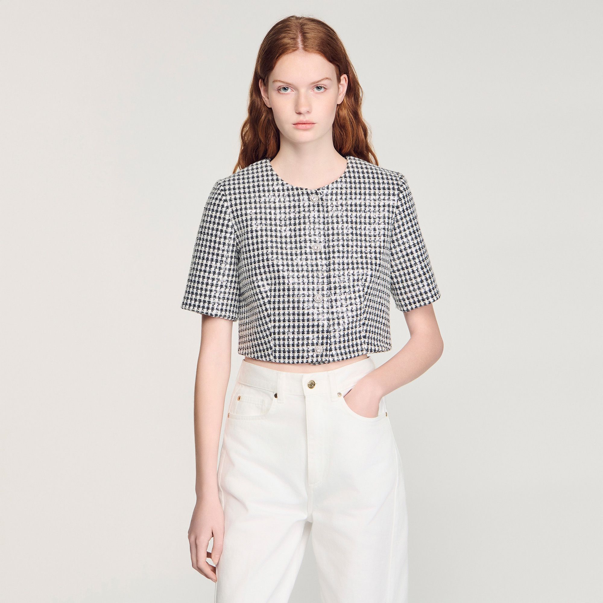 Sandro - Áo khoác tweed họa tiết Houndstooth cắt ngắn