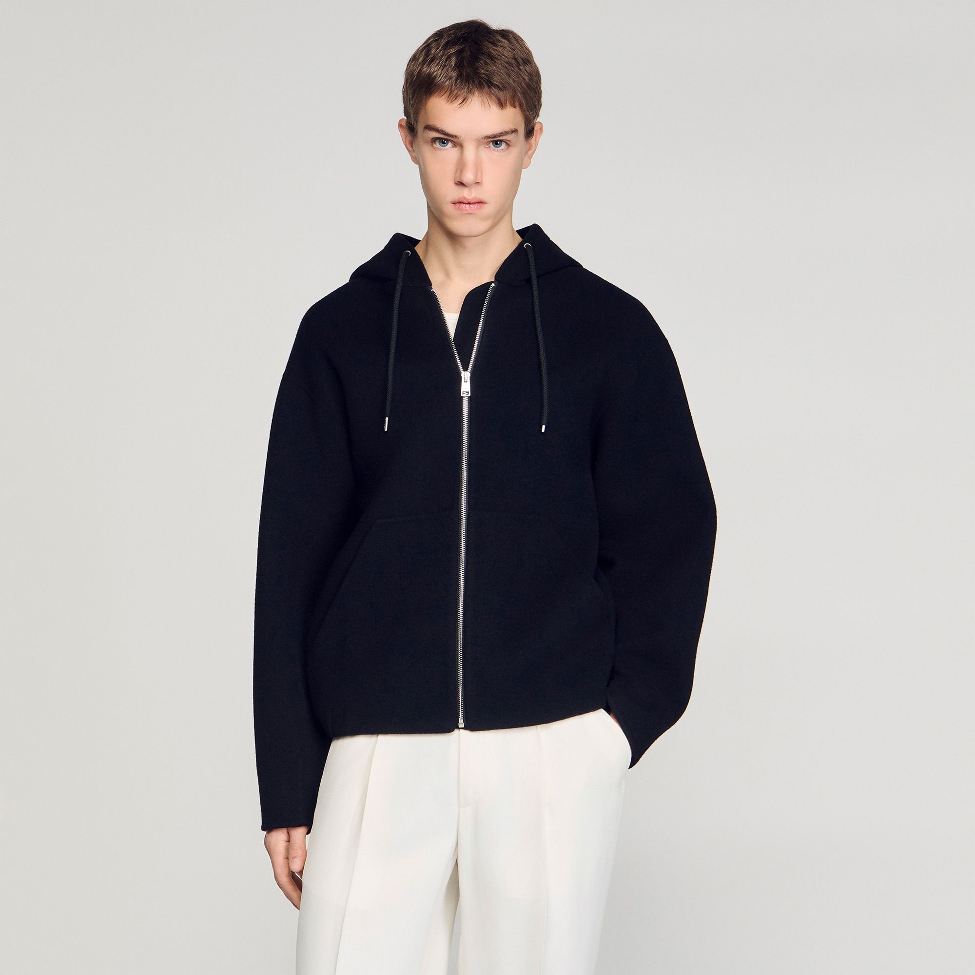Sandro - Áo khoác len hooded có khóa kéo