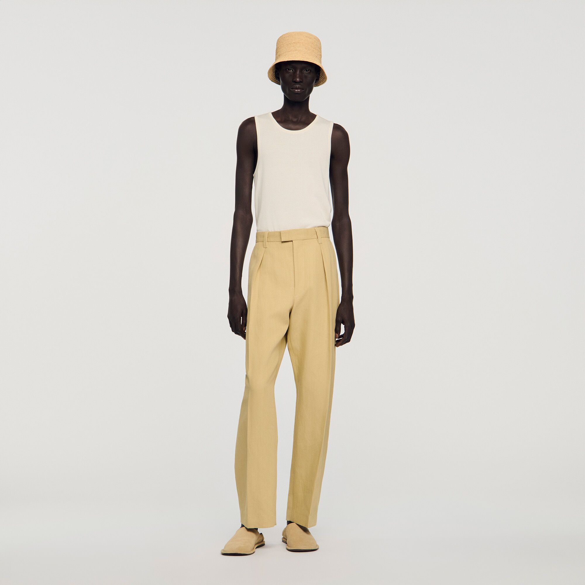 Sandro - Quần ống rộng cotton pha linen