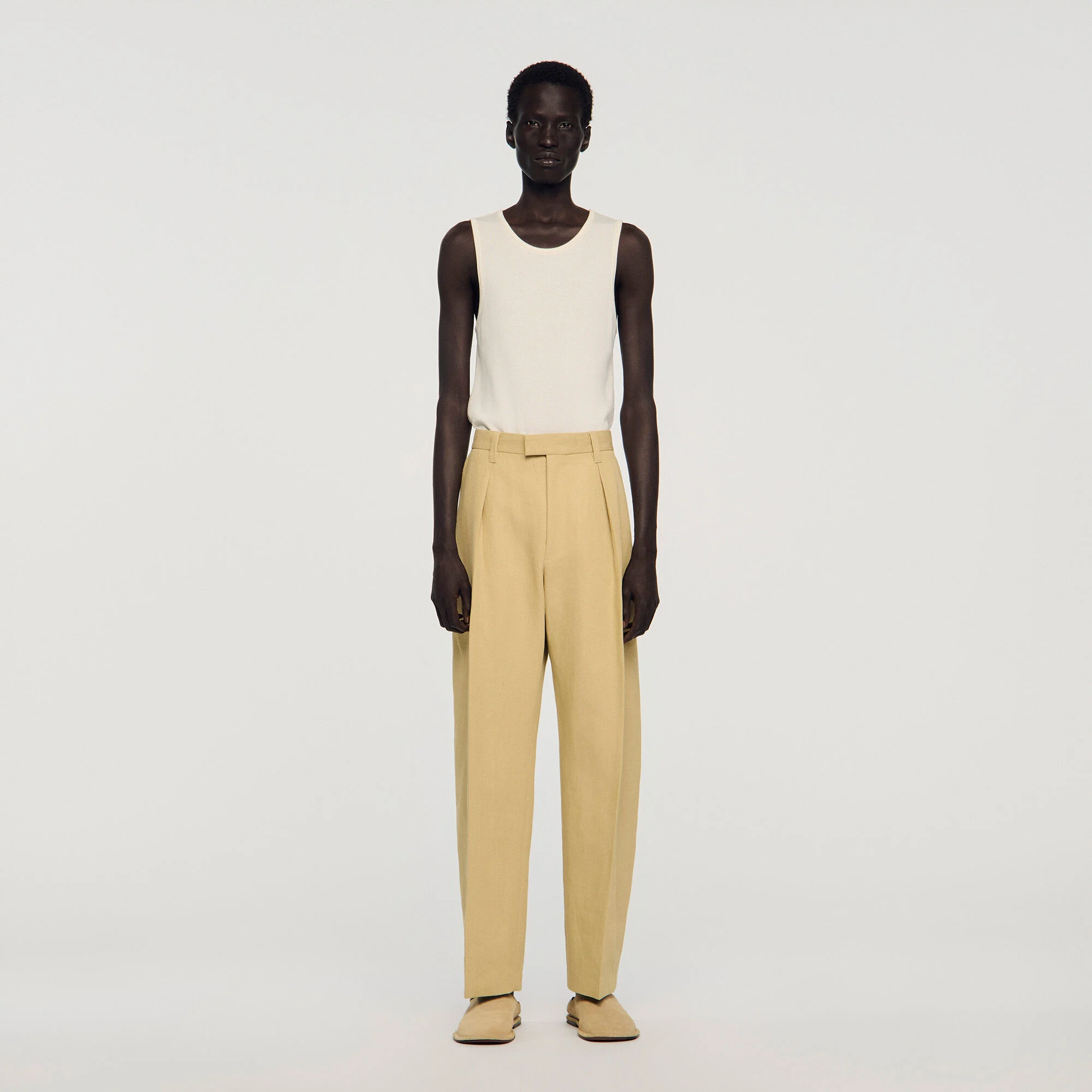 Sandro - Quần ống rộng cotton pha linen