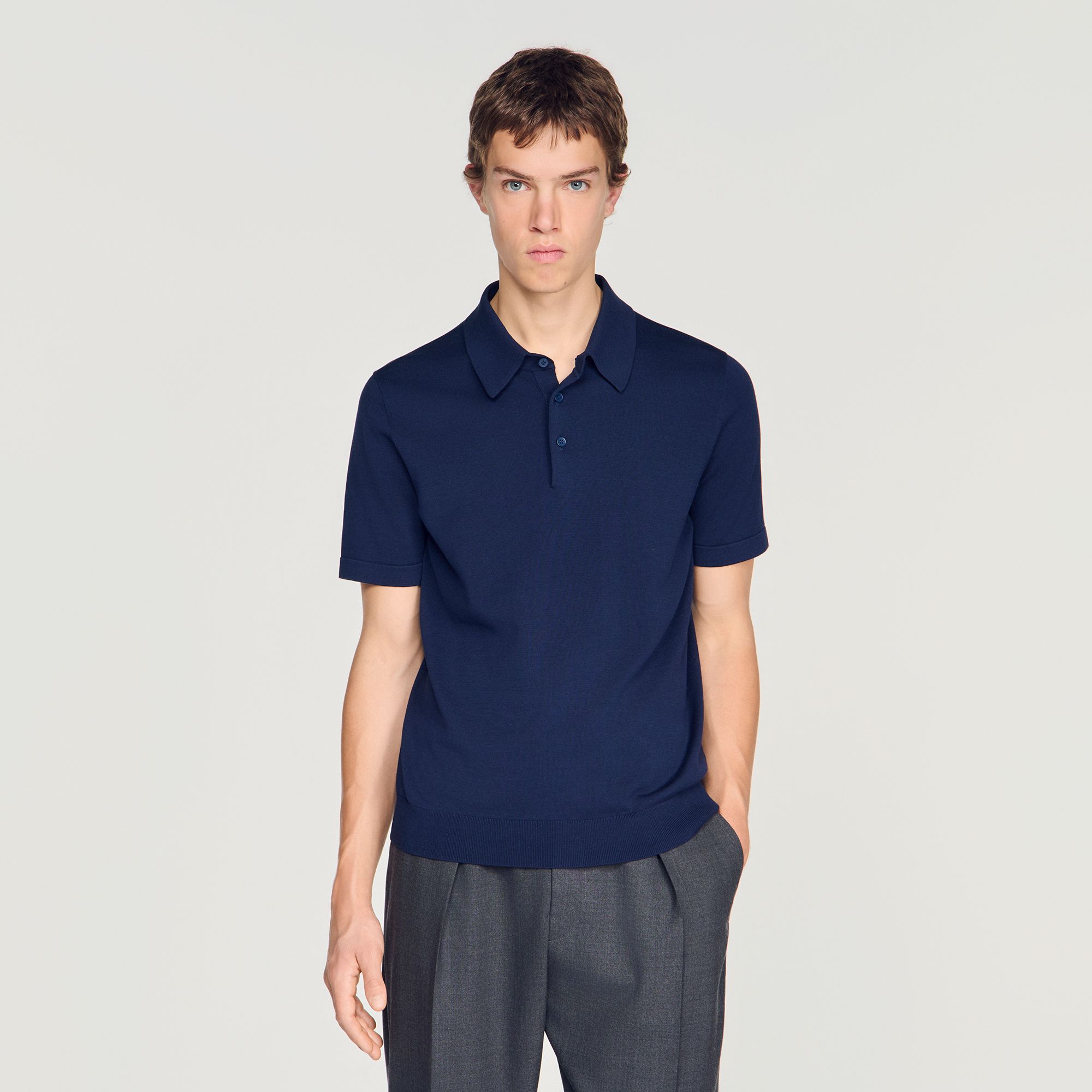 Sandro - Áo polo cotton phối lụa