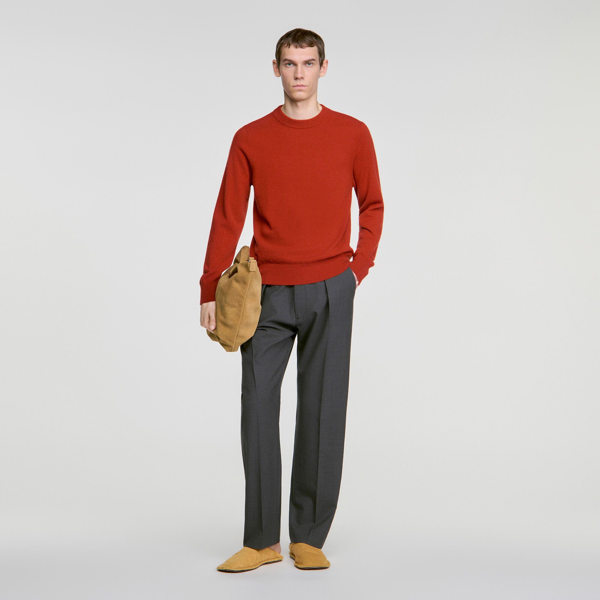 Áo len cổ tròn cashmere màu cam cháy