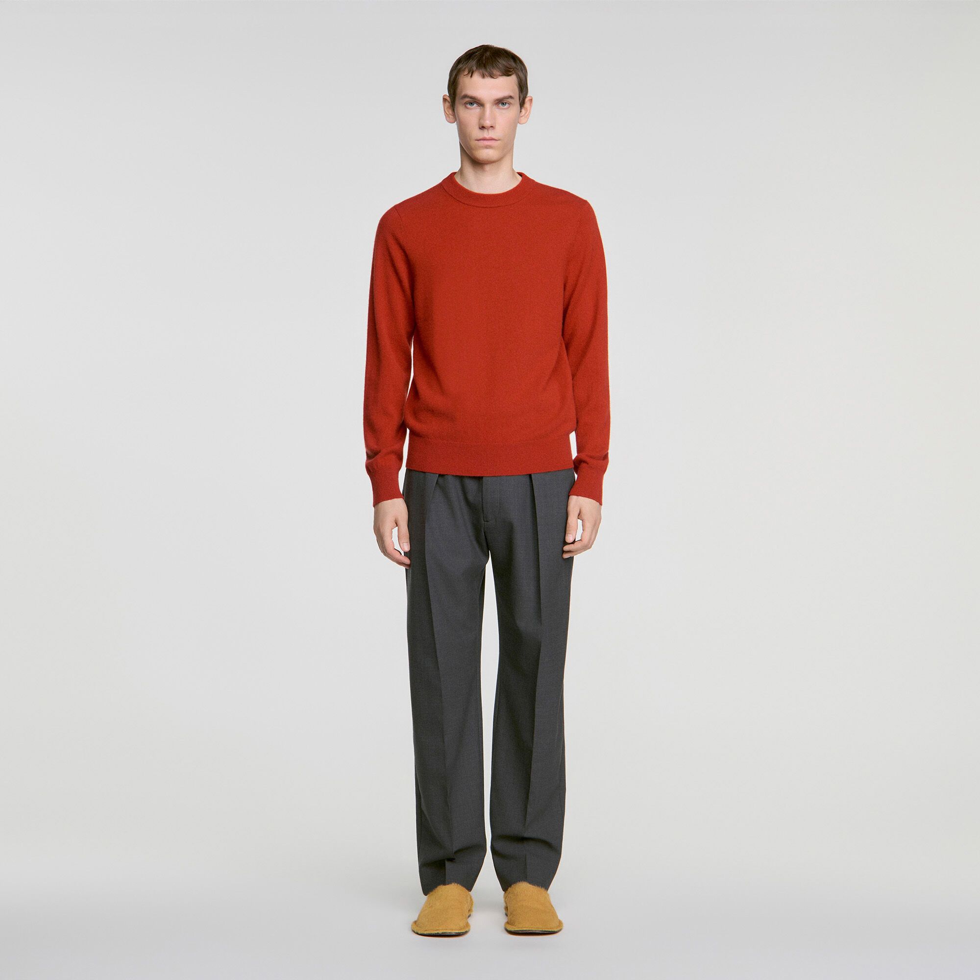 Áo len cổ tròn cashmere màu cam cháy