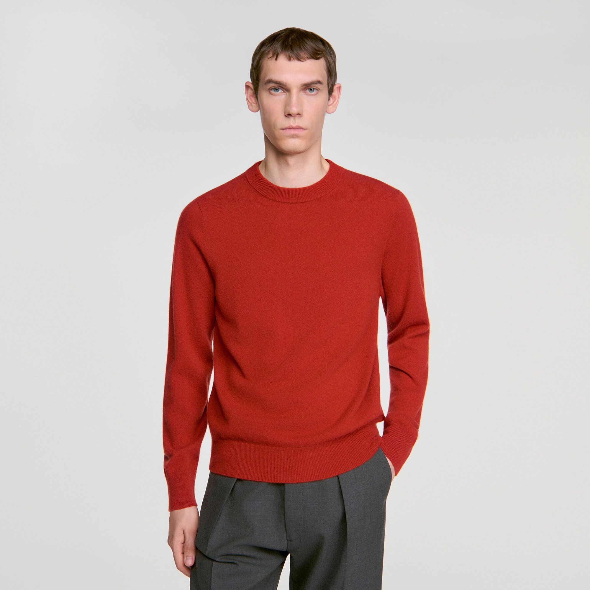 Áo len cổ tròn cashmere màu cam cháy