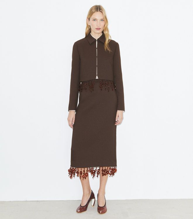 Tory Burch - Chân váy crepe đính đá
