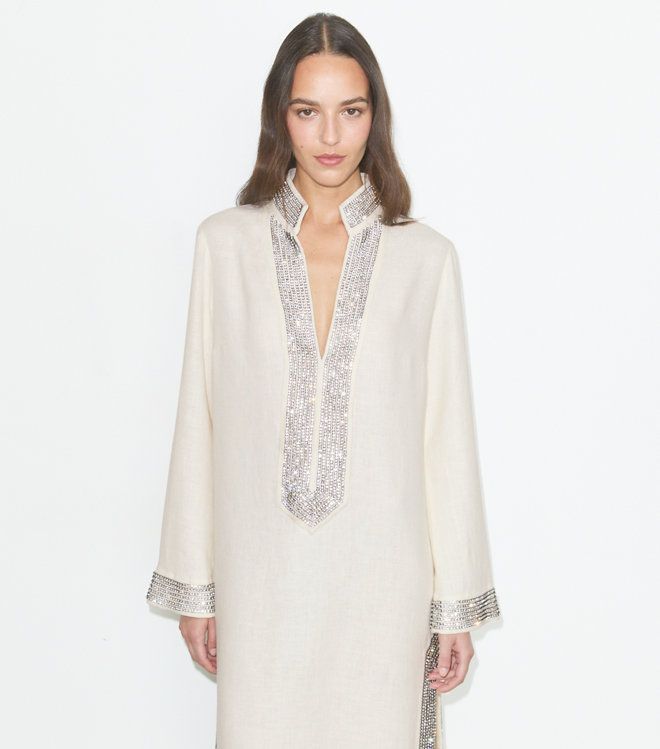Tory Burch - Đầm Caftan Linen đính pha lê