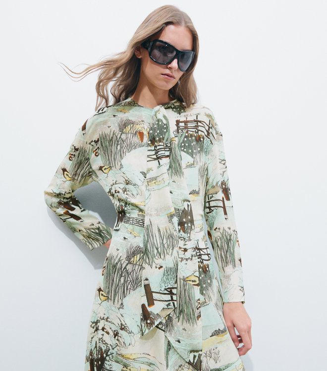 Đầm viscose in họa tiết thắt nơ
