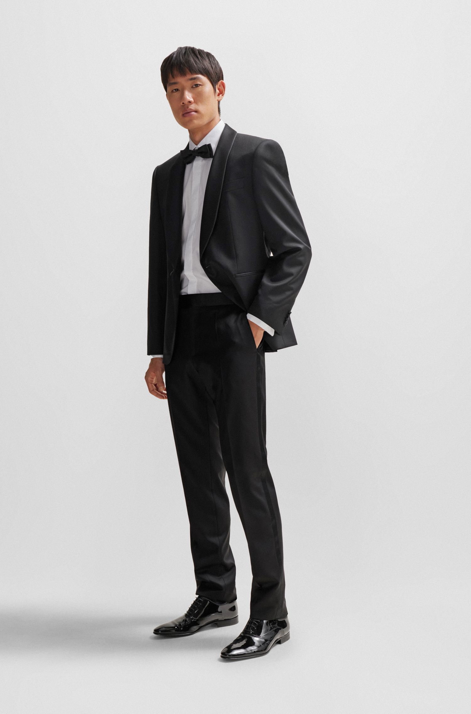 BOSS - Quần tuxedo dáng ôm slim fit vải len virgin serge