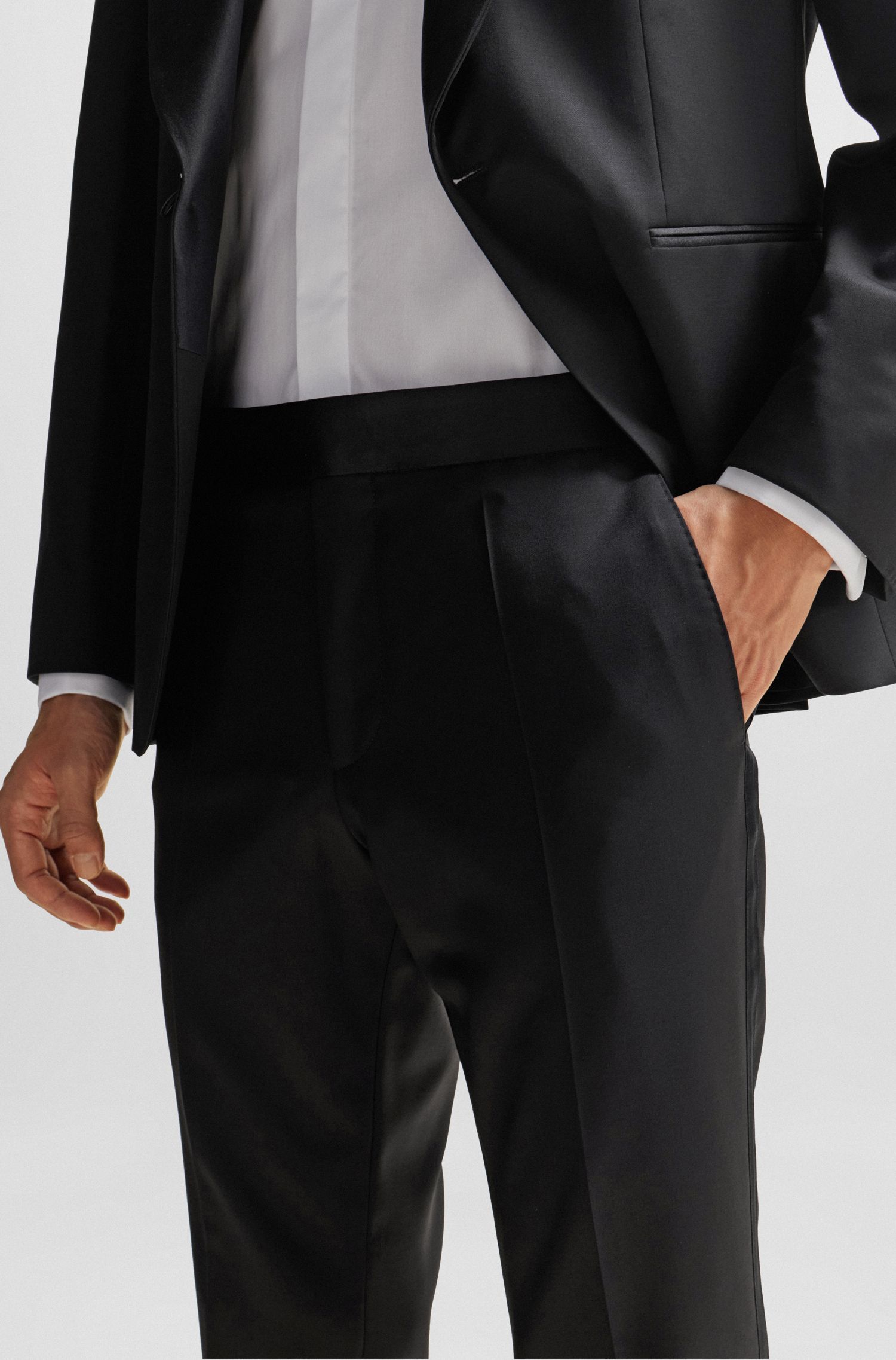 BOSS - Quần tuxedo dáng ôm slim fit vải len virgin serge