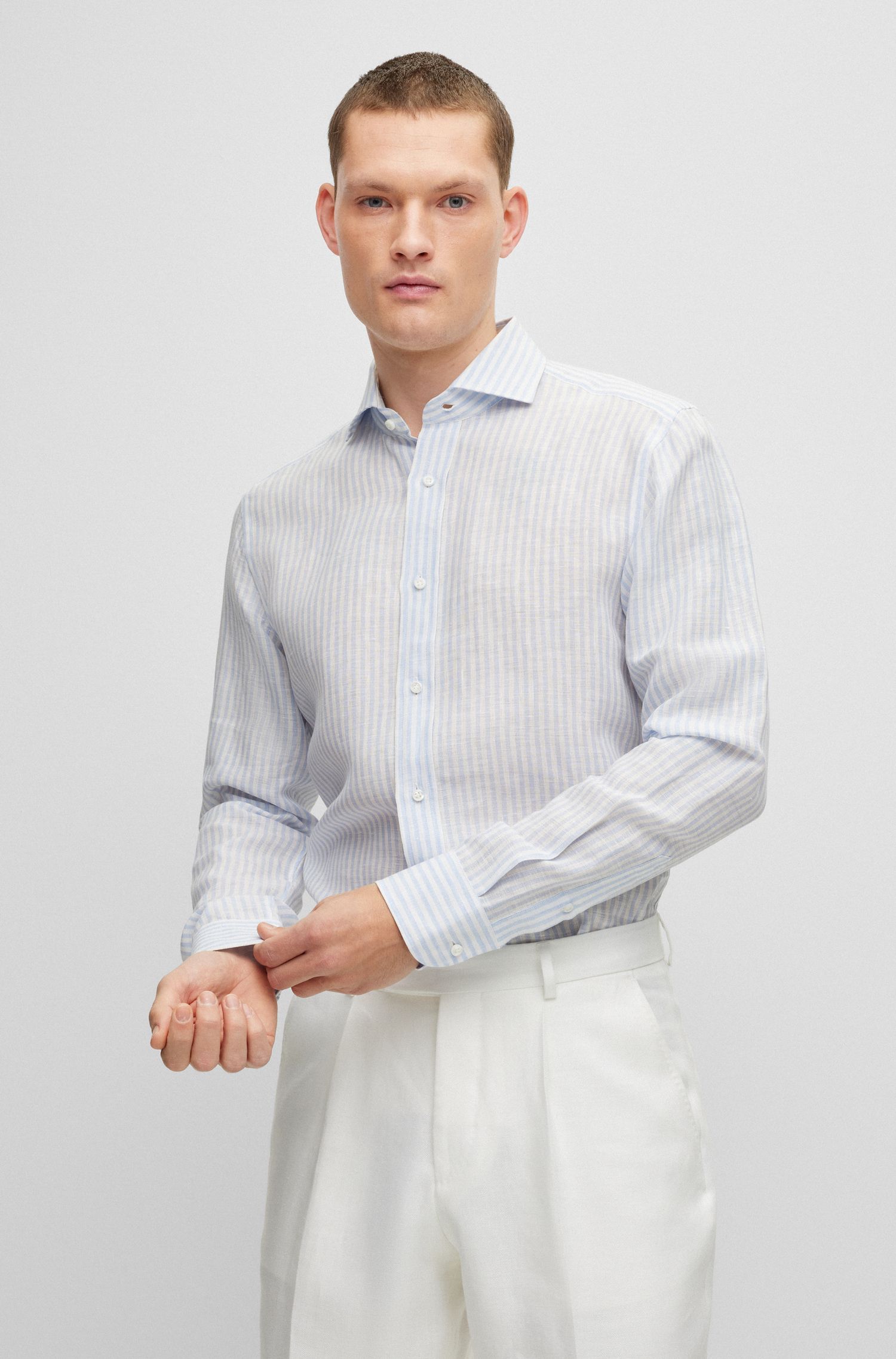 BOSS - Áo sơ mi dáng ôm vải linen
