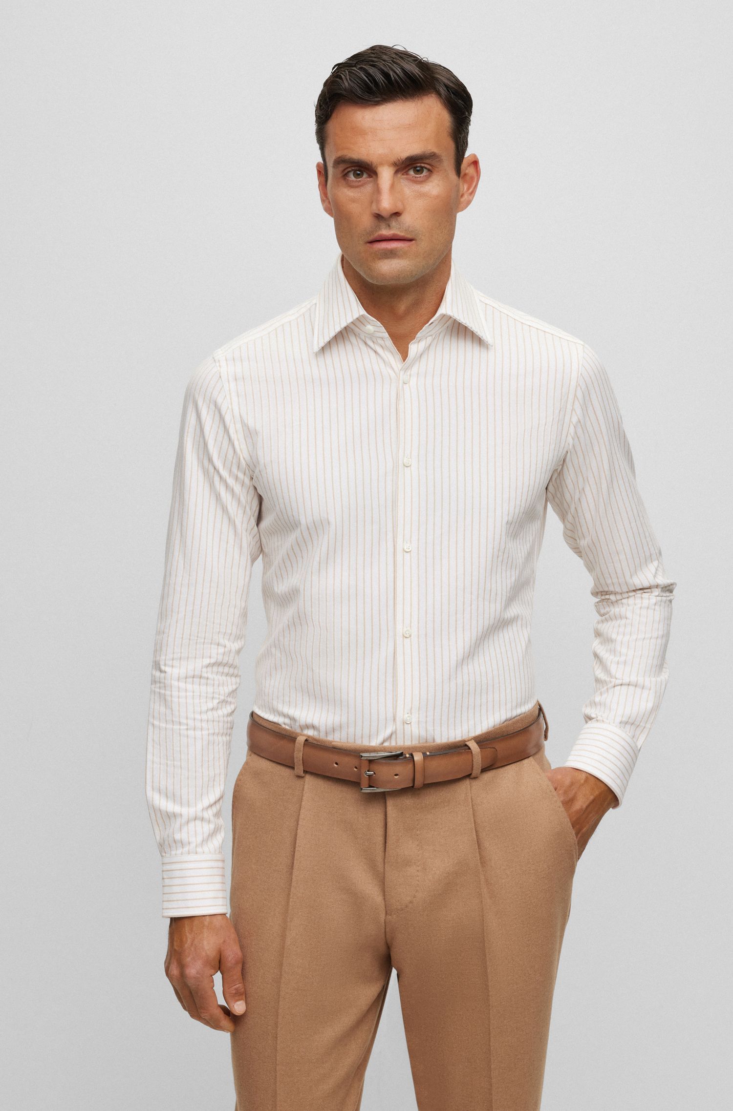 Sơ mi dáng vải chéo cotton sọc