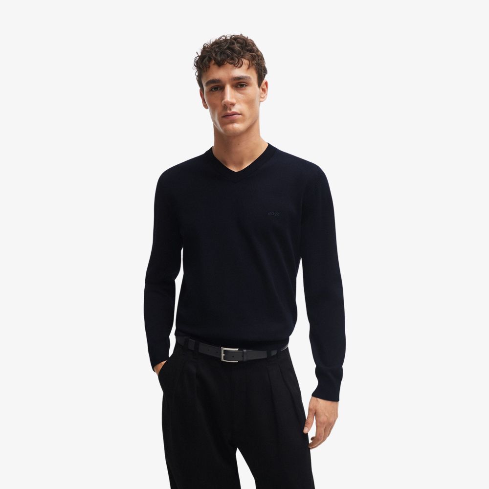BOSS - Áo sweater cổ V cotton nguyên chất với logo thêu
