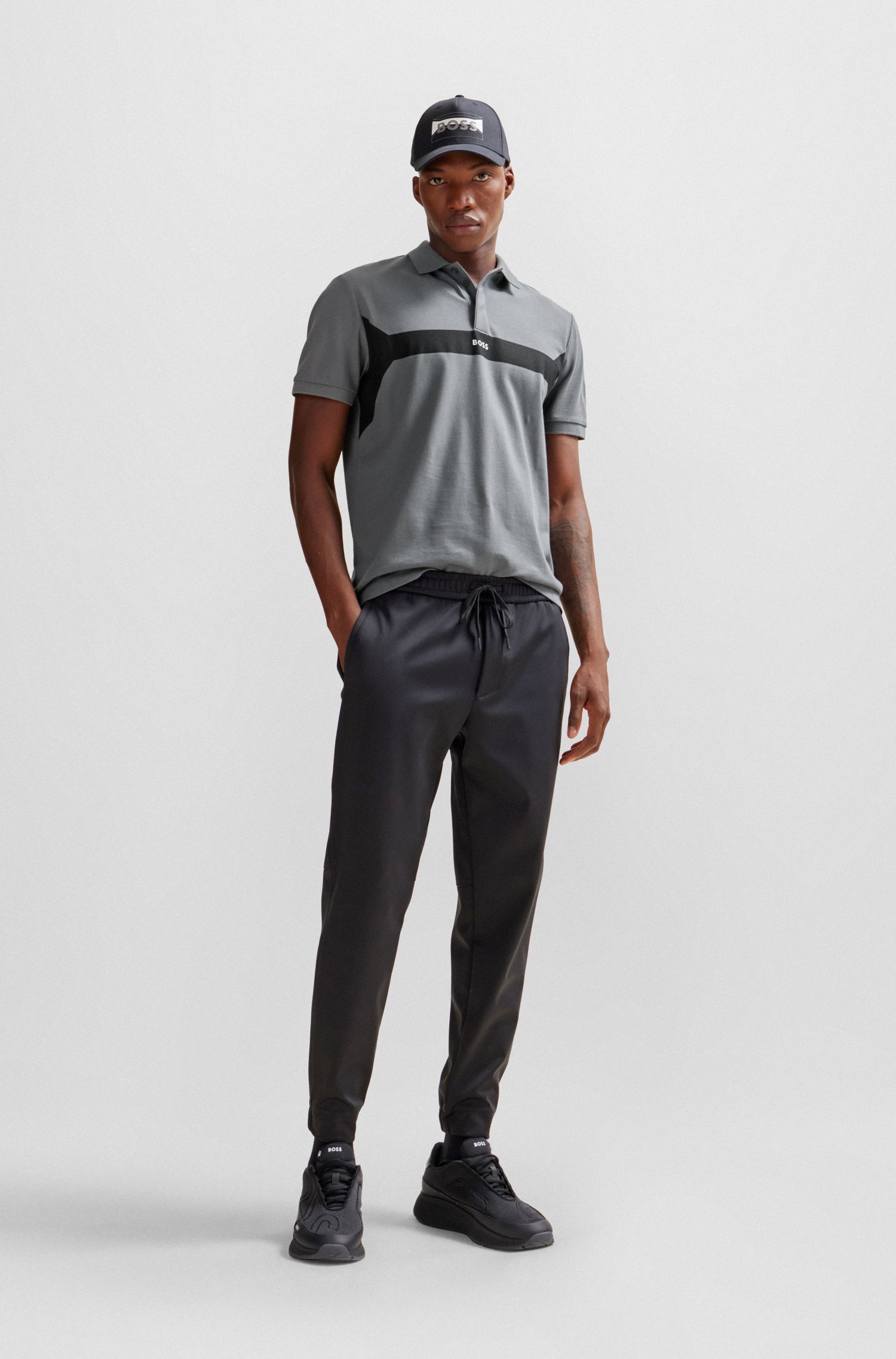 BOSS - Áo polo cotton pique với phối màu và logo