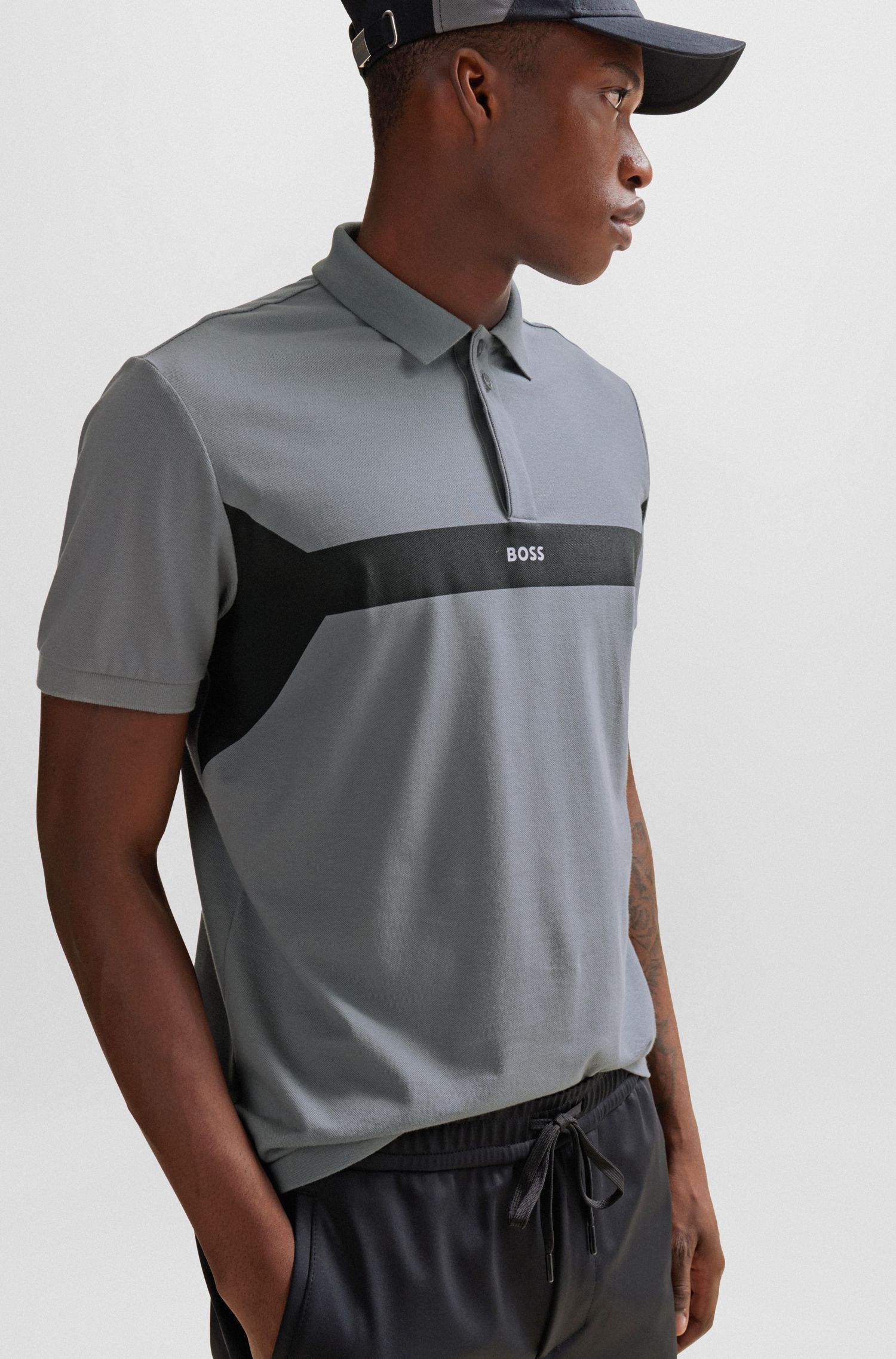 BOSS - Áo polo cotton pique với phối màu và logo