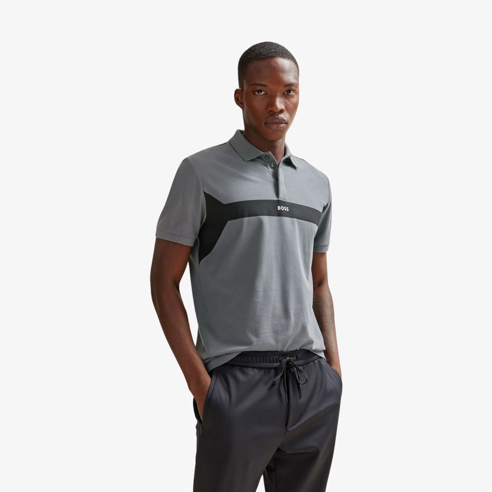 BOSS - Áo polo cotton pique với phối màu và logo