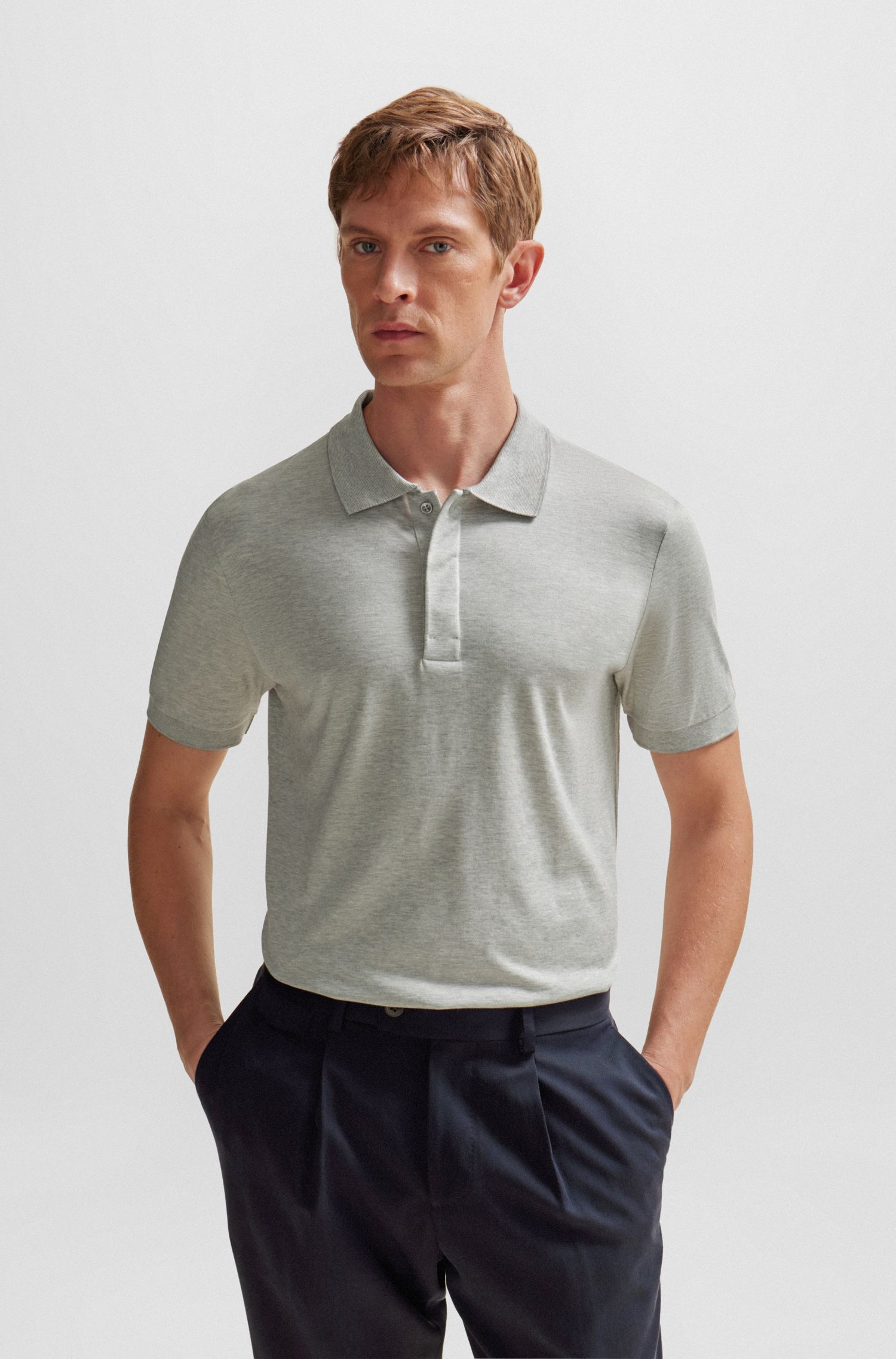 BOSS - Áo polo lụa màu be cho nam