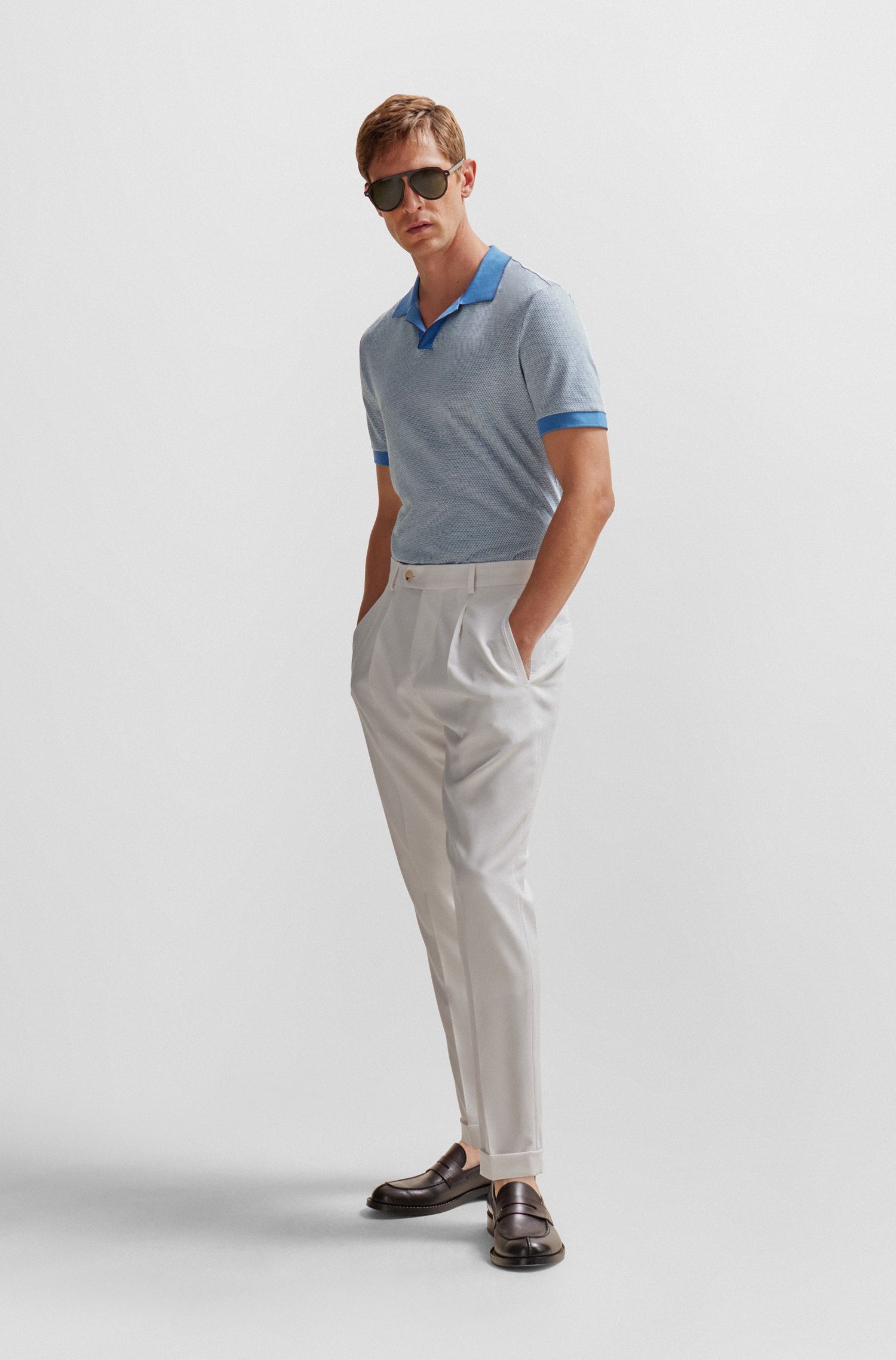 BOSS - Áo polo cổ hở bằng cotton và cashmere