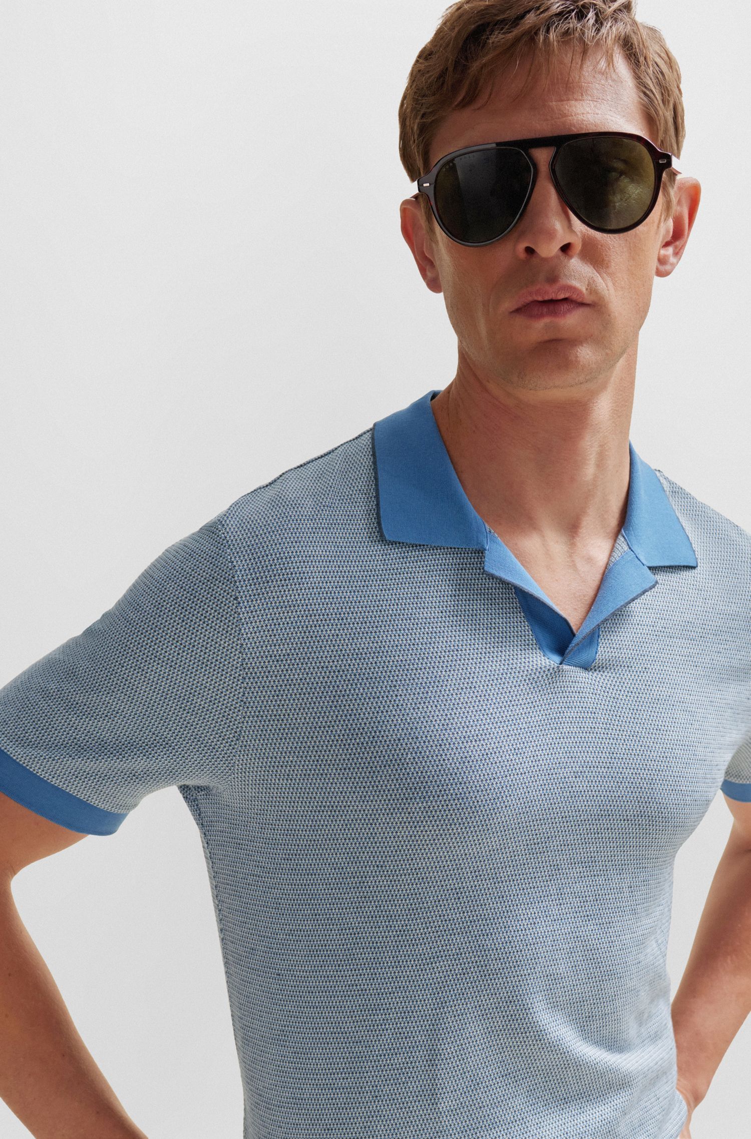 BOSS - Áo polo cổ hở bằng cotton và cashmere
