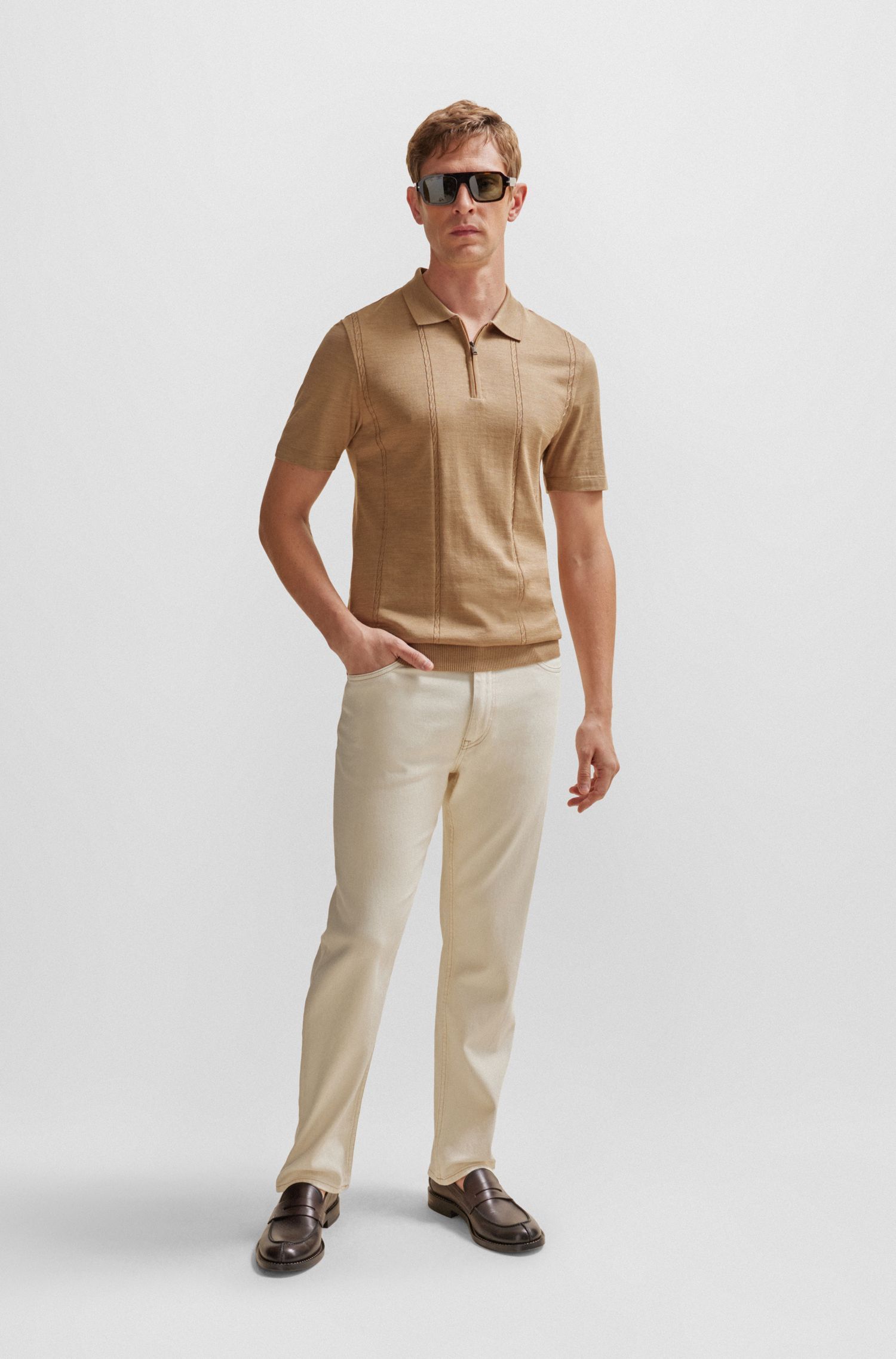 BOSS - Áo polo cổ khóa kéo từ cotton và lụa