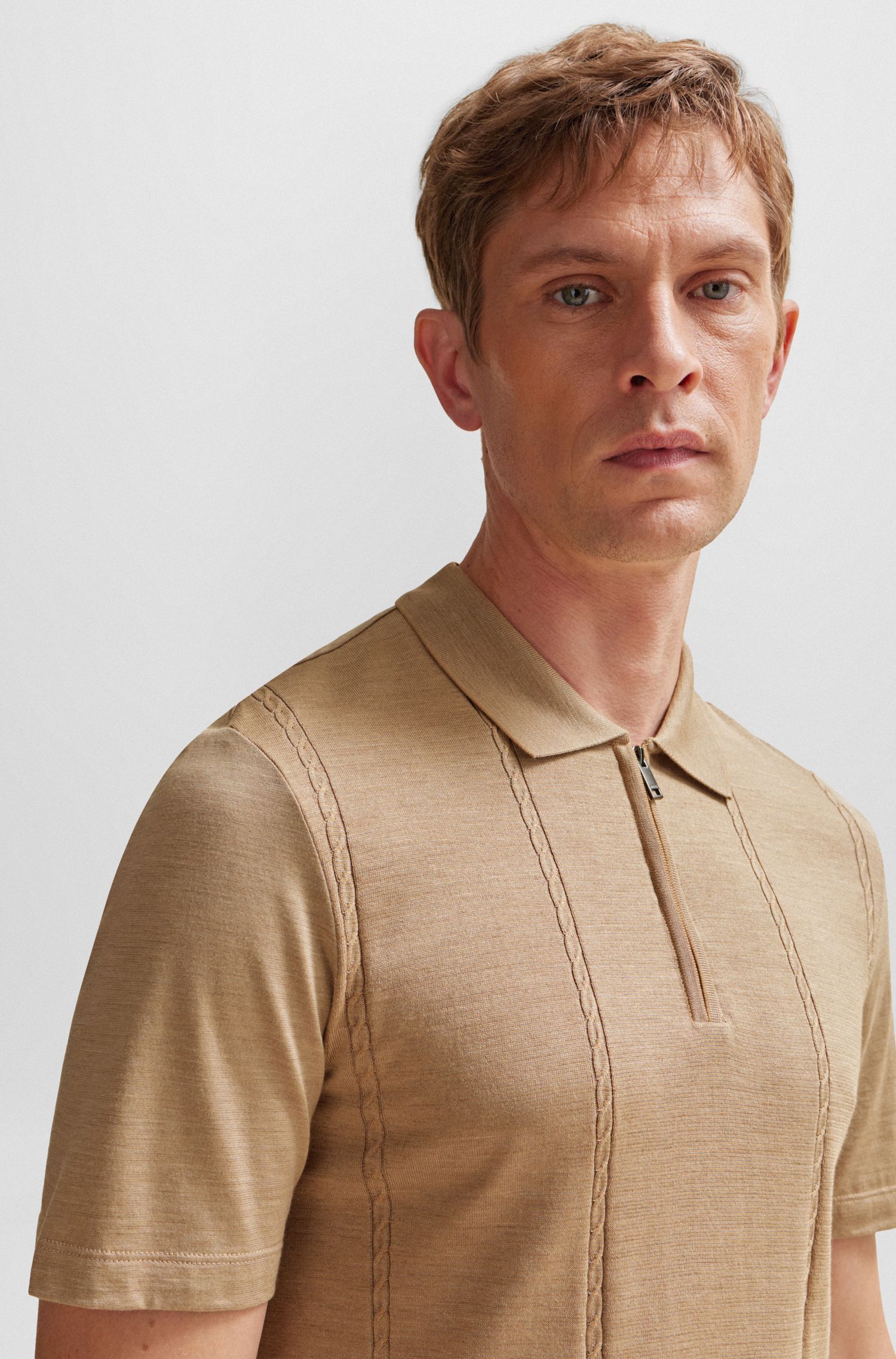 BOSS - Áo polo cổ khóa kéo từ cotton và lụa