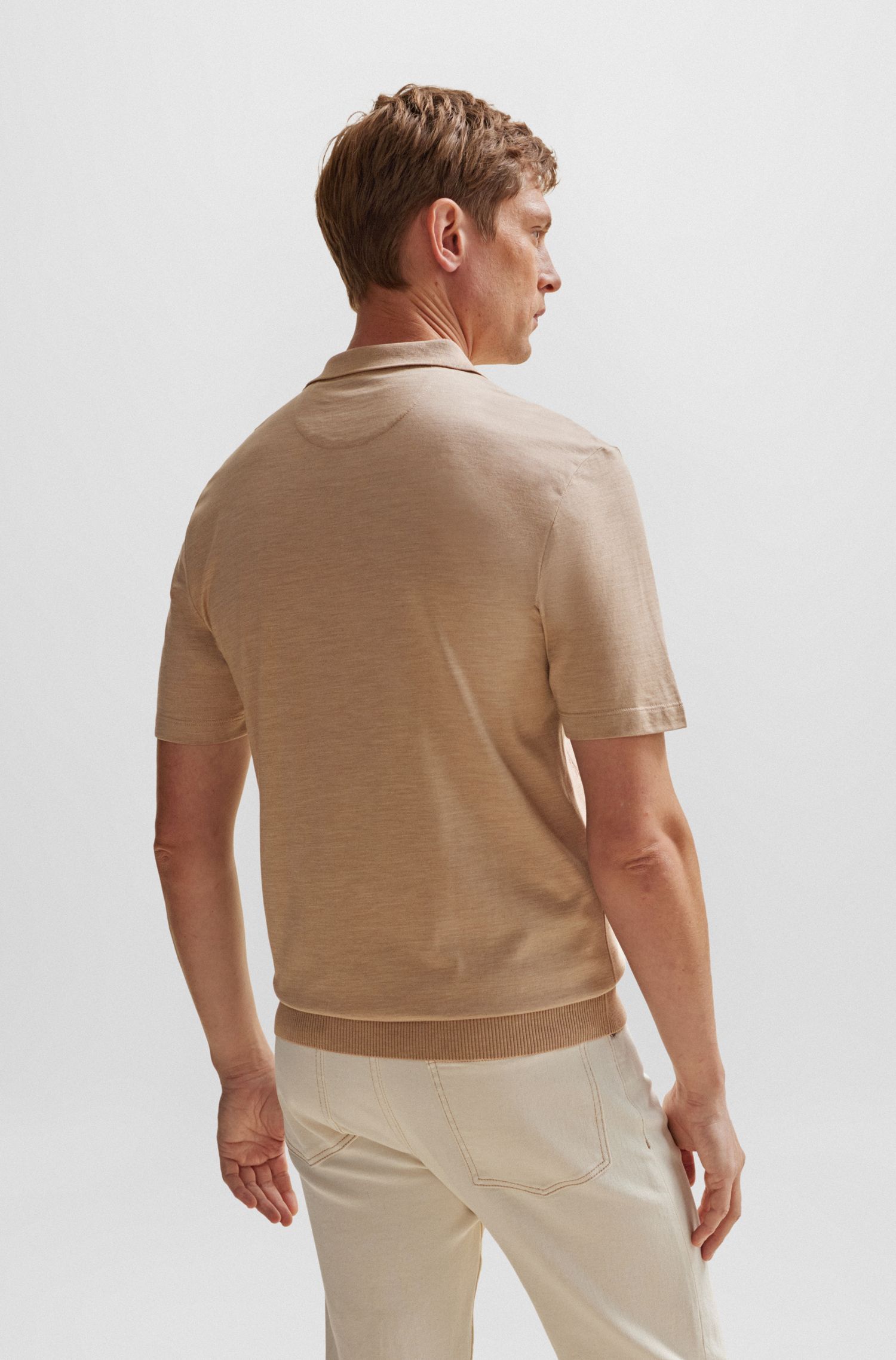 BOSS - Áo polo cổ khóa kéo từ cotton và lụa