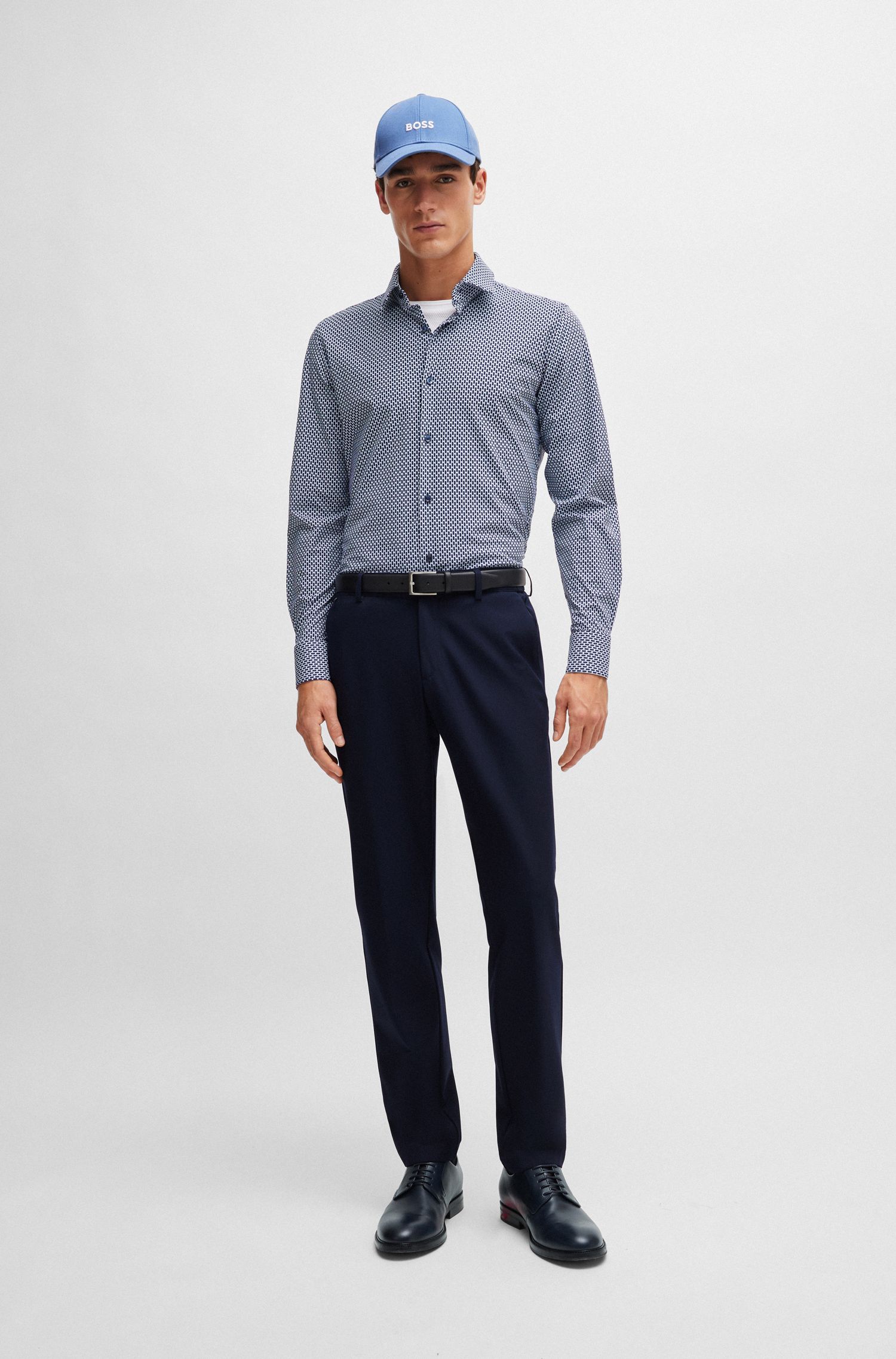 BOSS - Quần âu dáng ôm slim fit vải co giãn hoạ tiết nhỏ