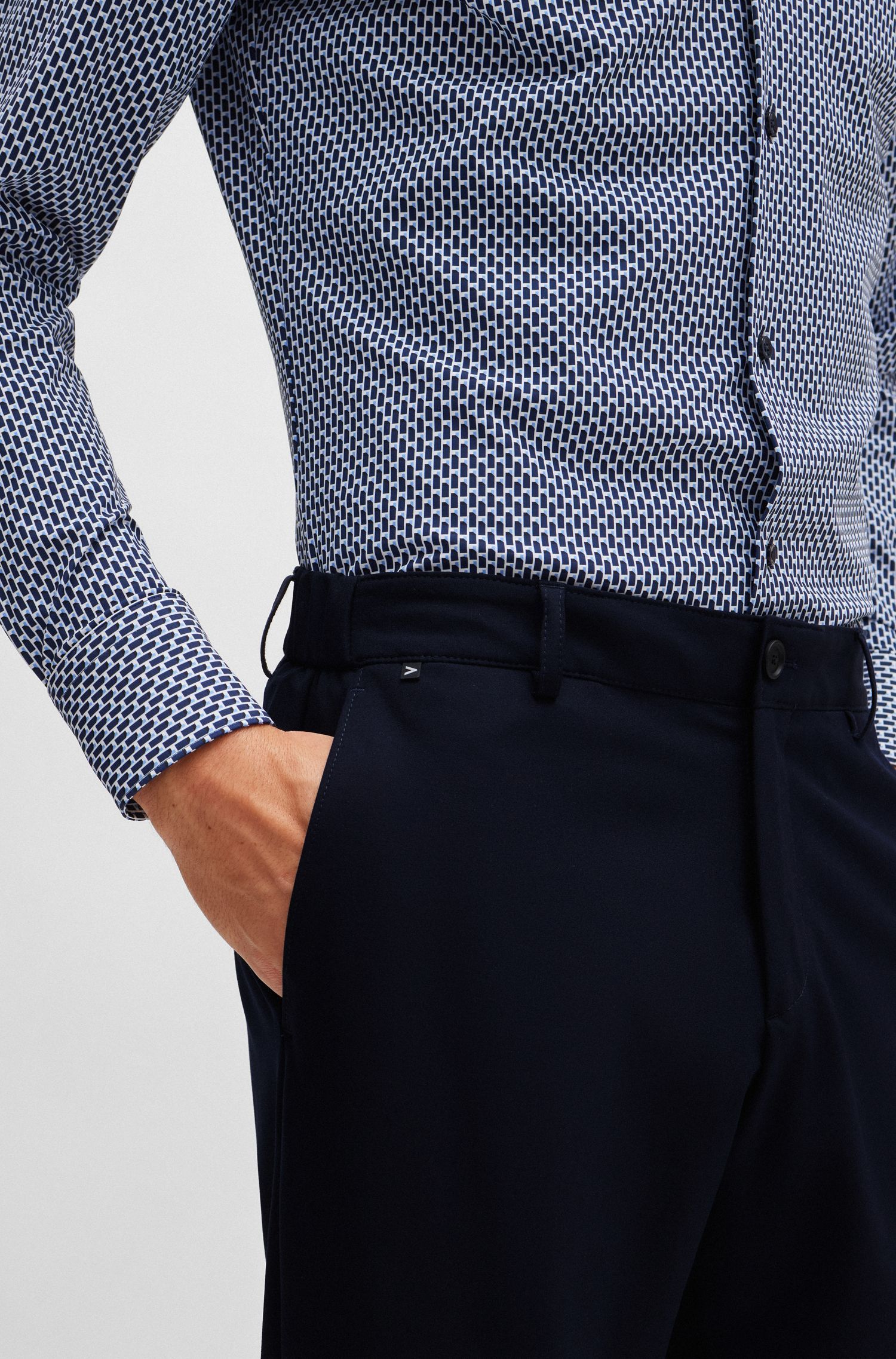 BOSS - Quần âu dáng ôm slim fit vải co giãn hoạ tiết nhỏ