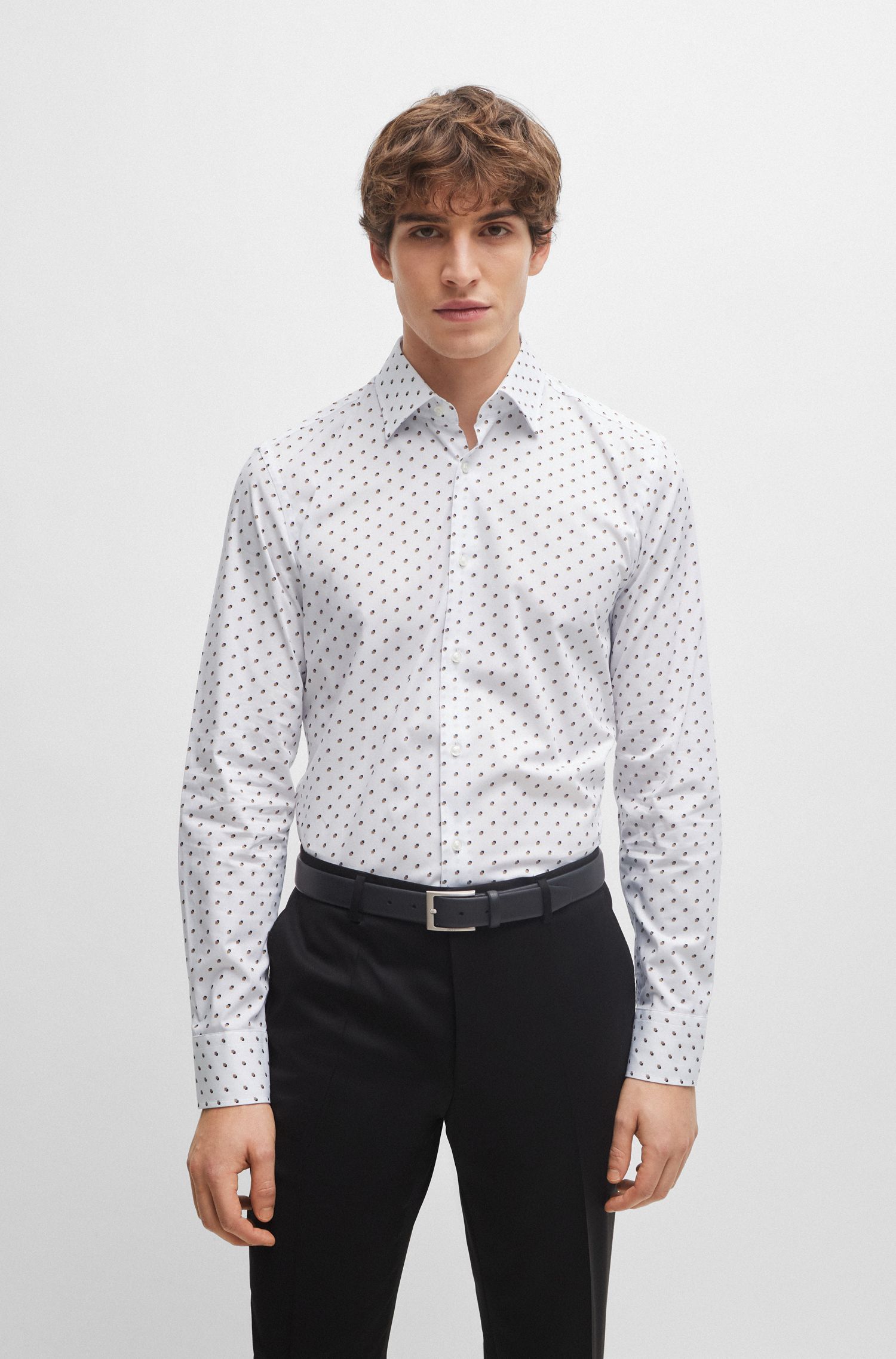 Áo sơ mi dáng ôm slim fit cotton co giãn in họa tiết