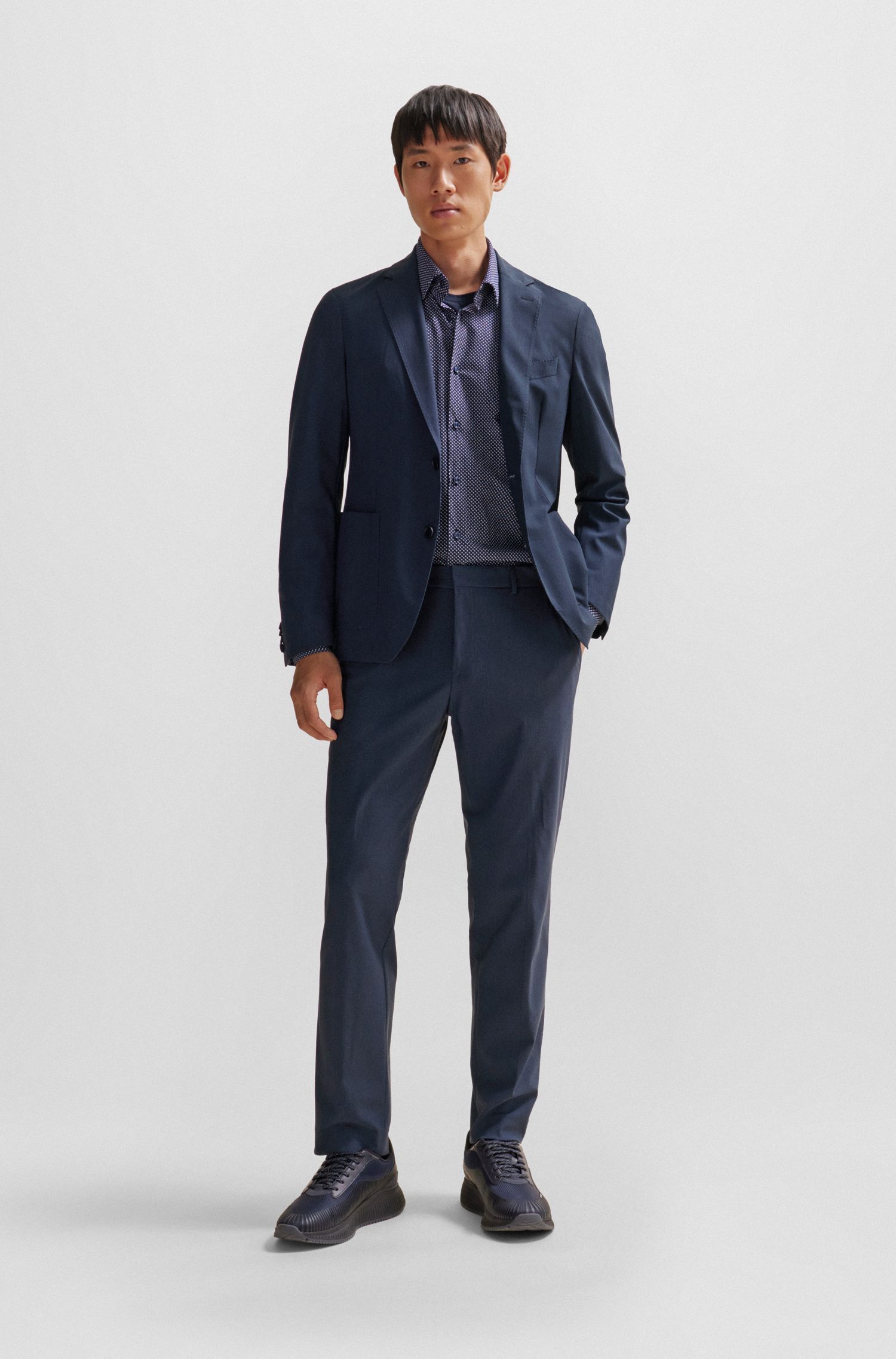 BOSS - Quần âu dáng ôm slim fit vải jersey co giãn họa tiết nhỏ