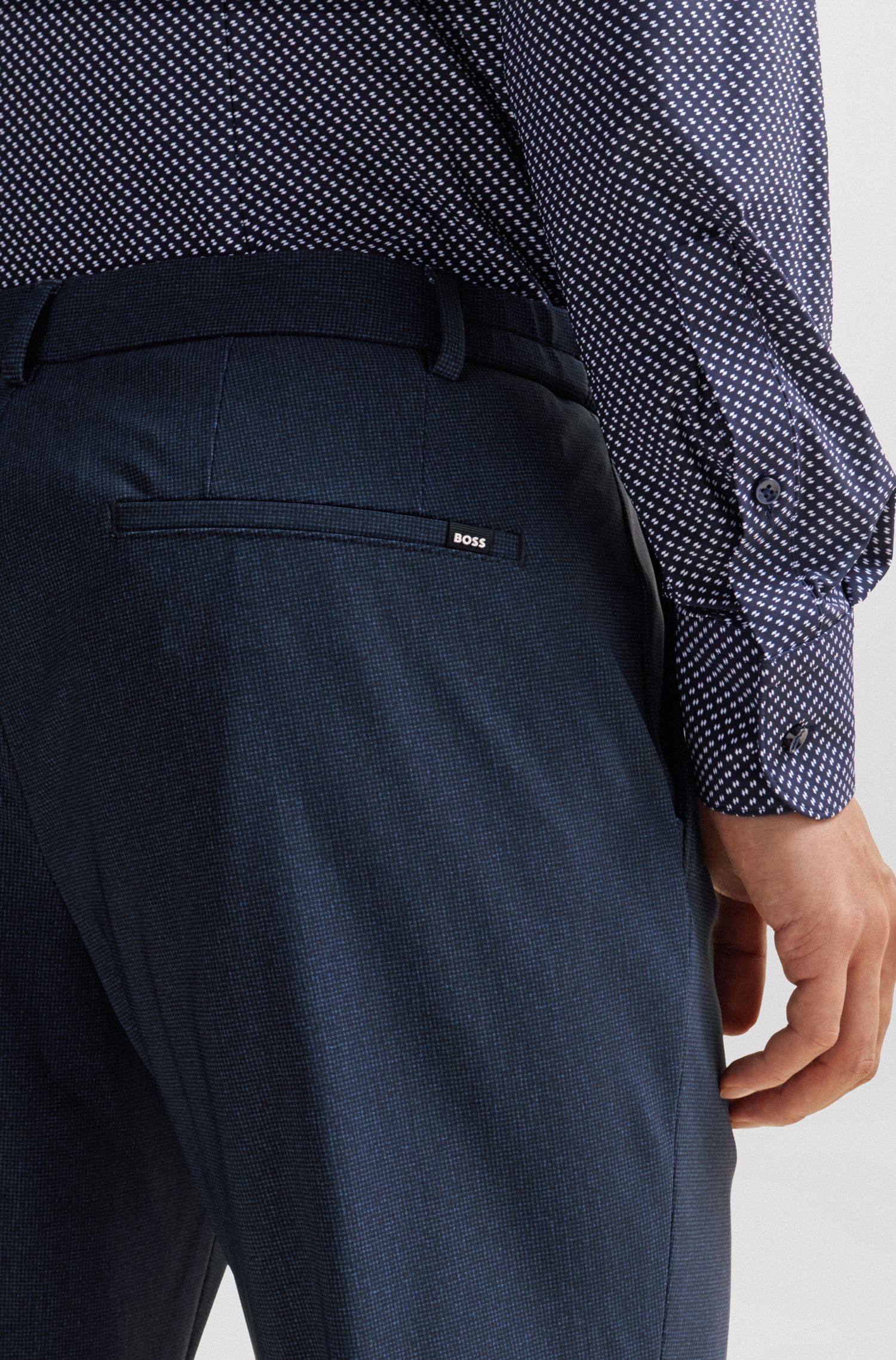 BOSS - Quần âu dáng ôm slim fit vải jersey co giãn họa tiết nhỏ