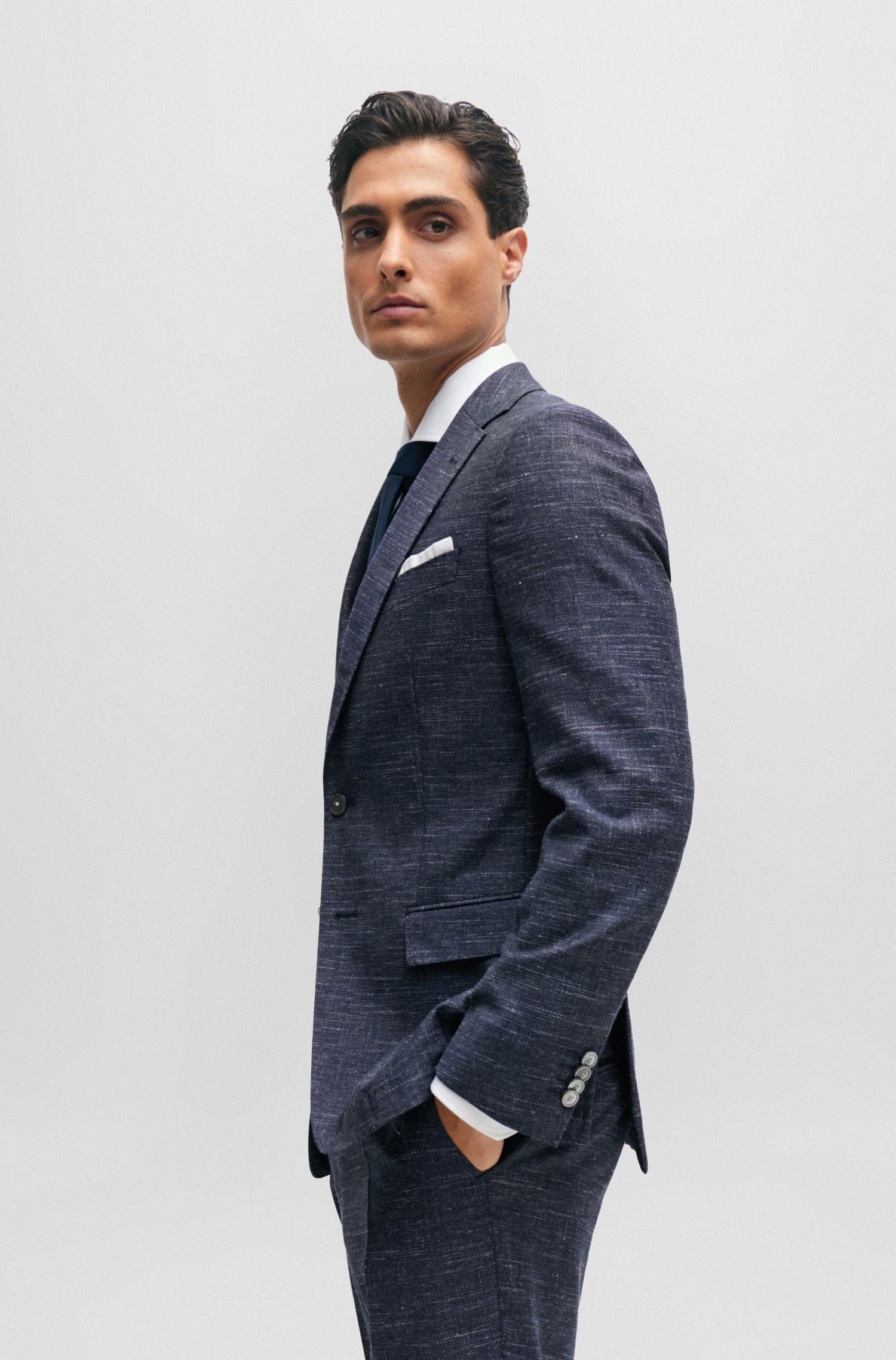 BOSS - Áo khoác dáng slim fit vải wool pha họa tiết