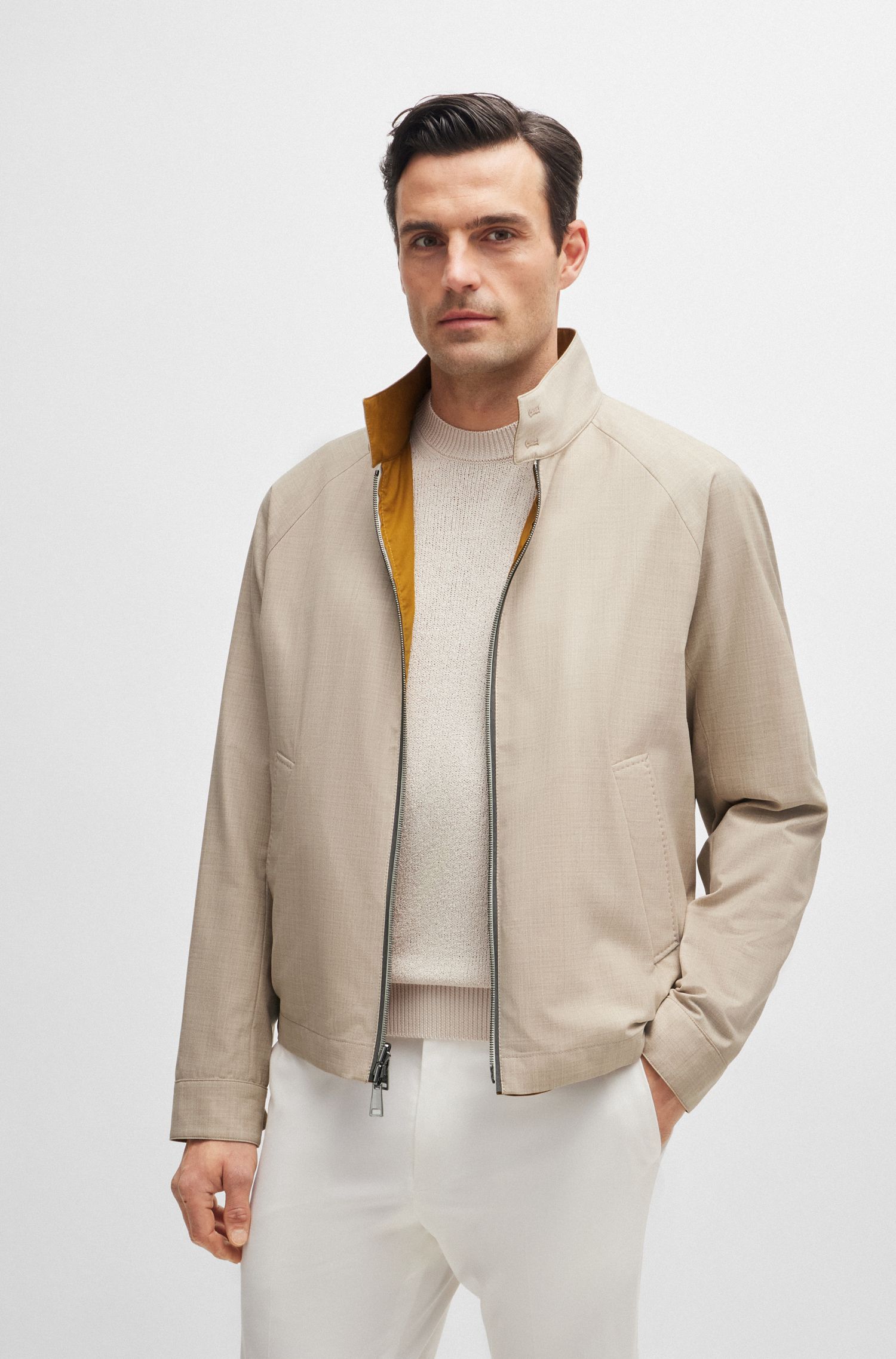 BOSS - Áo khoác Harrington hai mặt len và lụa nguyên chất