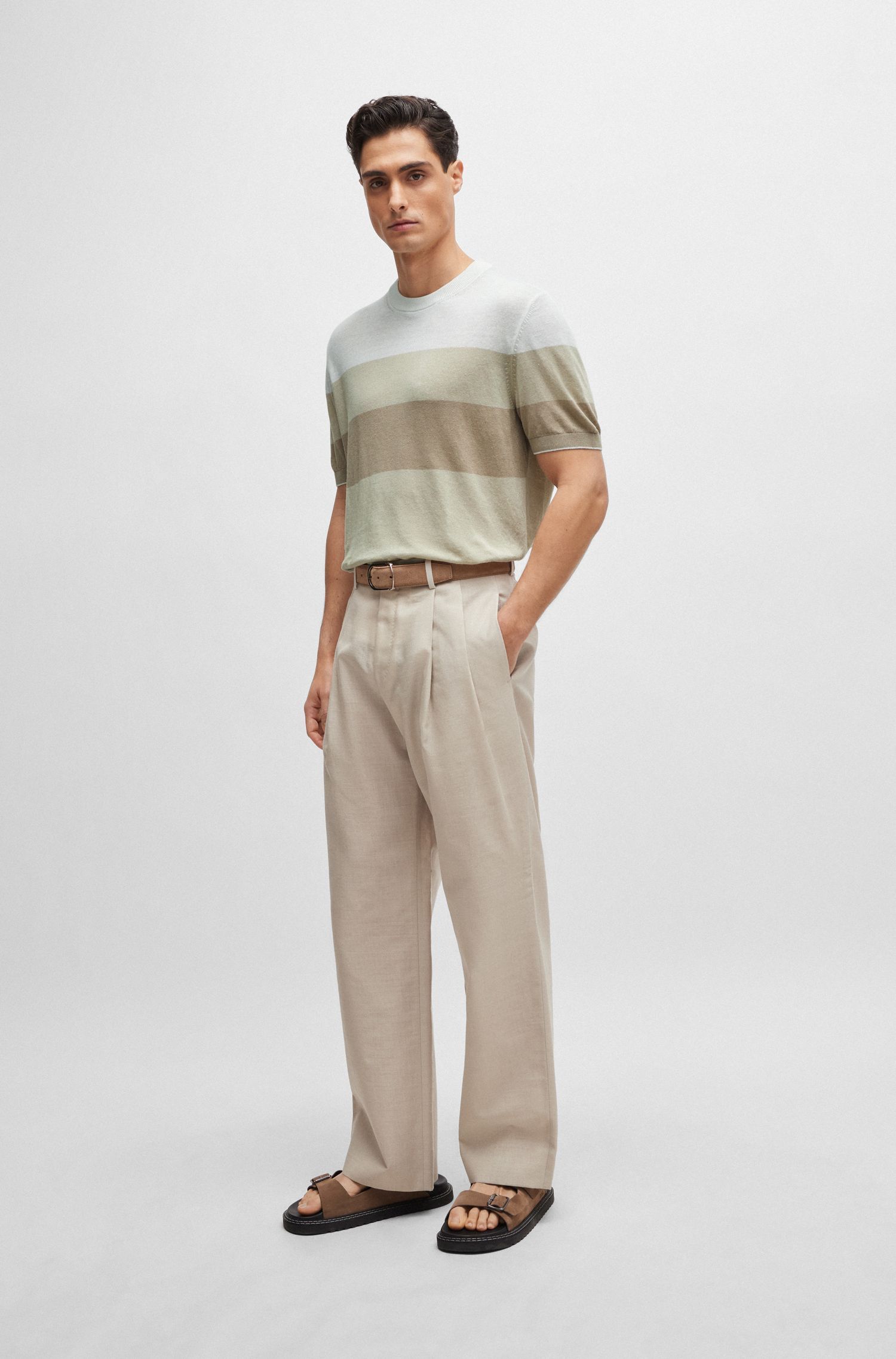 BOSS - Áo thun dệt kim dáng regular fit vải pha linen