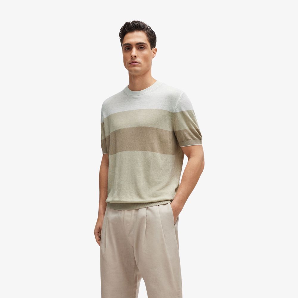 BOSS - Áo thun dệt kim dáng regular fit vải pha linen